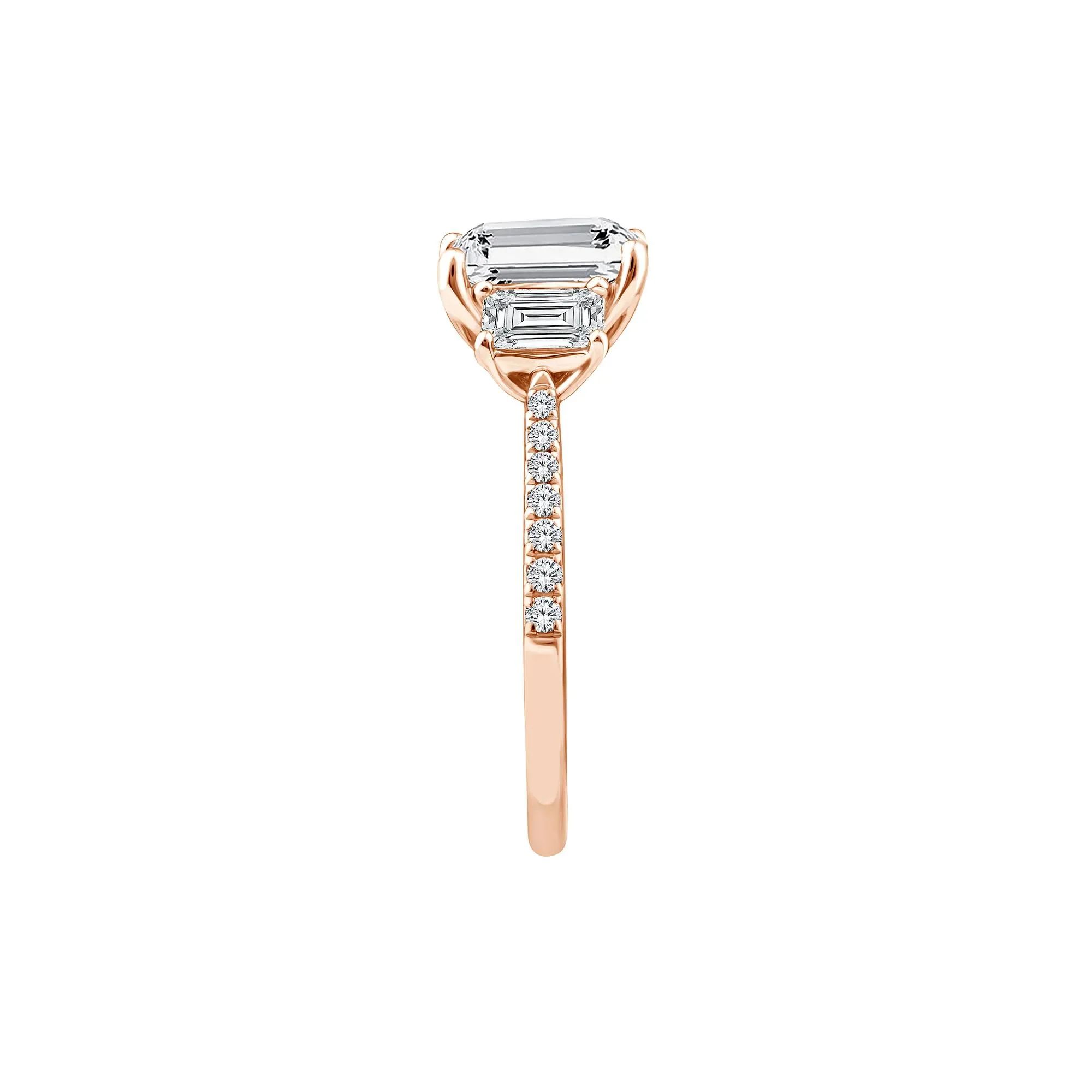 3 1/4 CT. Tw. Lab Grown Diamond Emerald-Cut Three Stone Engagement Ring 14K Rose Gold Round Brilliant Cut Size 5 - Image 3