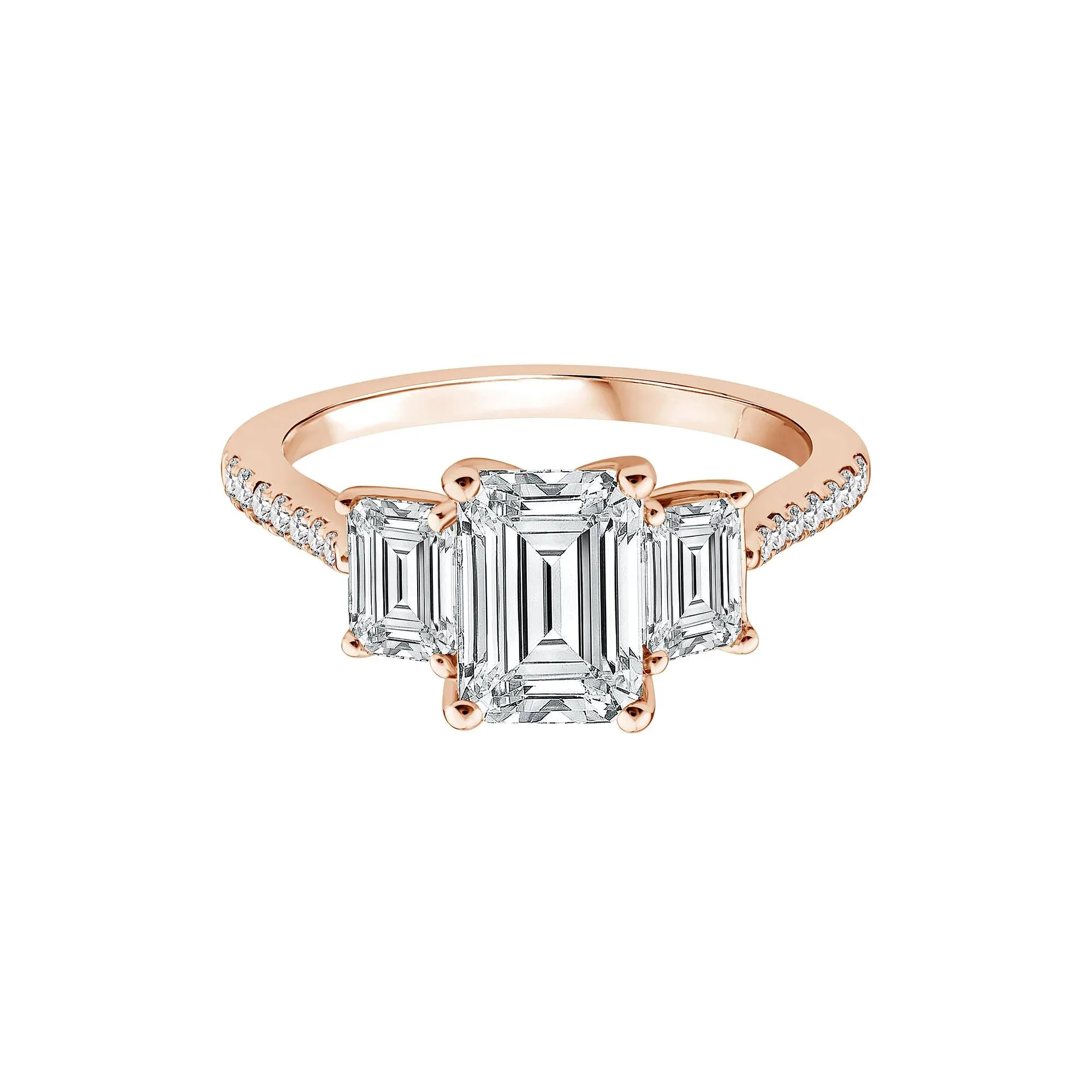 3 1/4 CT. Tw. Lab Grown Diamond Emerald-Cut Three Stone Engagement Ring 14K Rose Gold Round Brilliant Cut Size 6