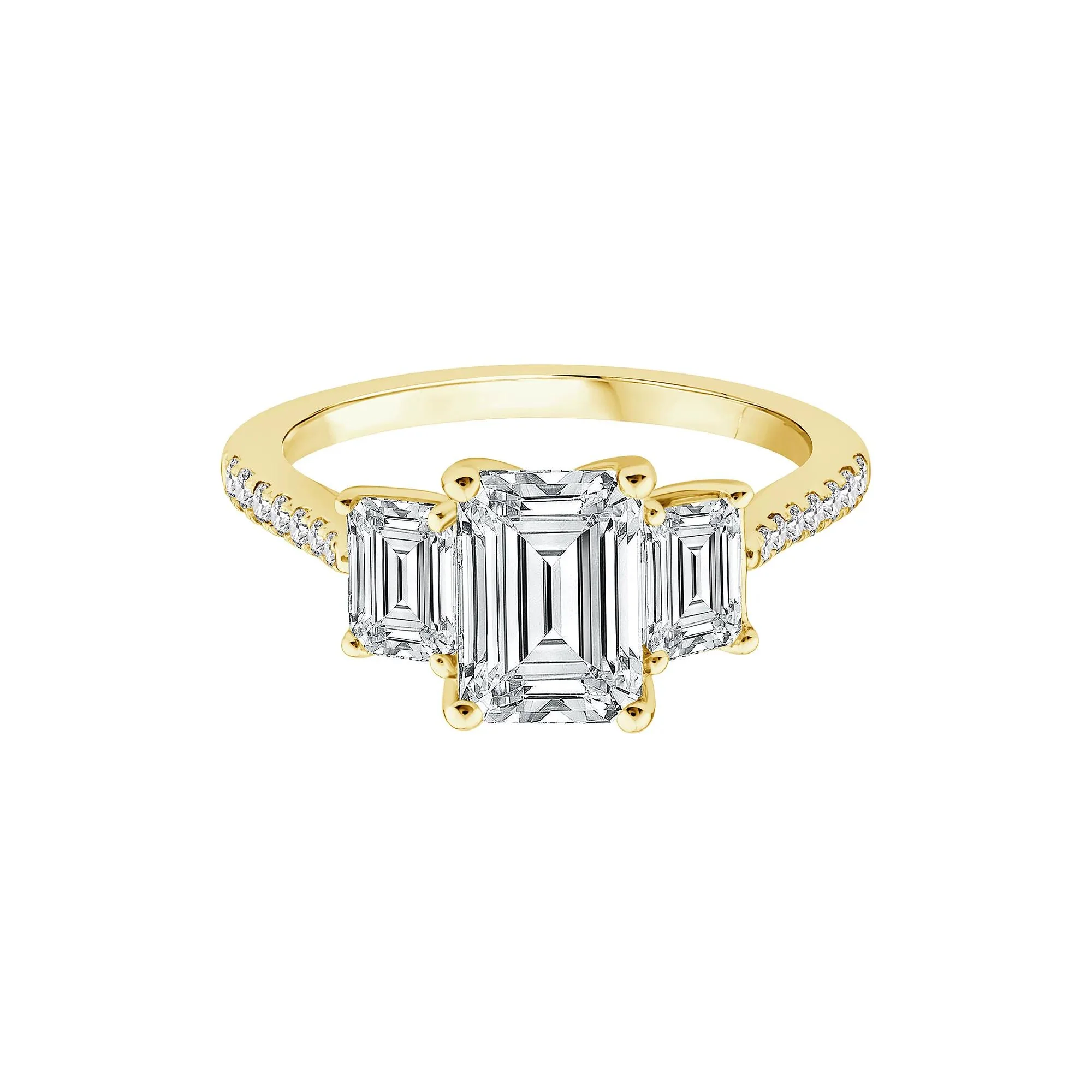 3 1/4 CT. Tw. Lab Grown Diamond Emerald-Cut Three Stone Engagement Ring 14K Yellow Gold Round Brilliant Cut Size 5