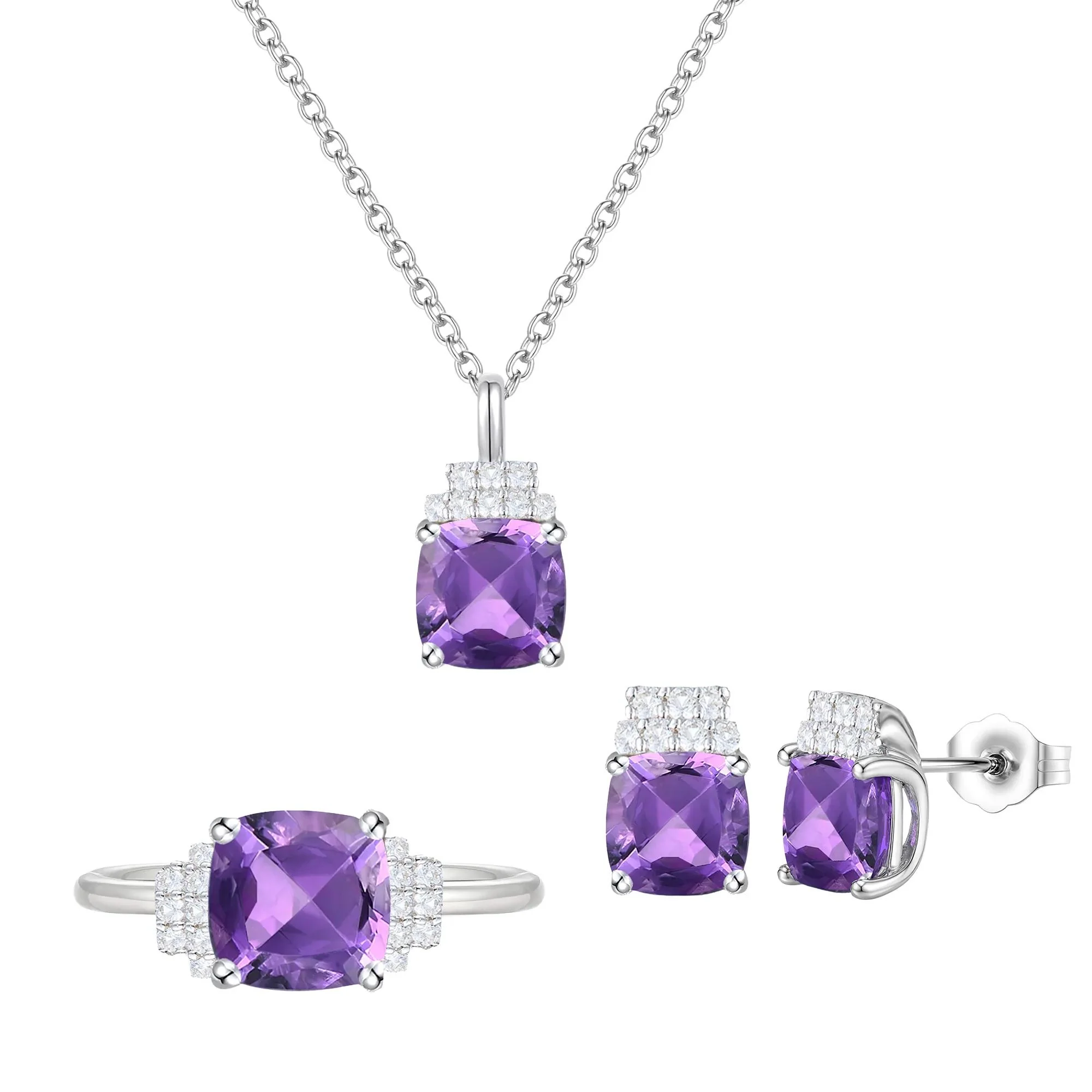 Amethyst & Lab-Created White Sapphire Ring Earring and Pendant Box Set .925 Sterling Silver Size 7 1mm - Image 6