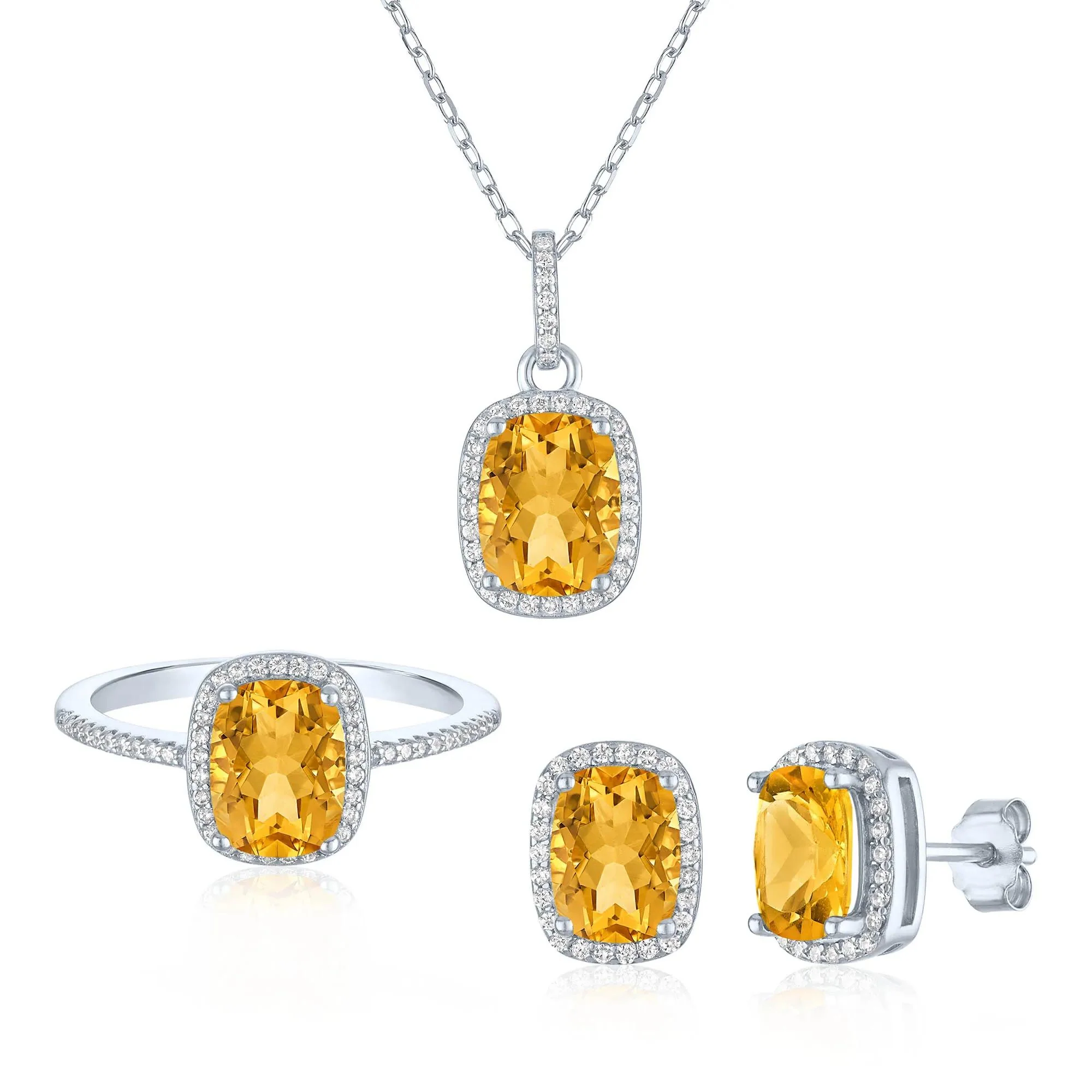 Citrine & Lab-Created White Sapphire Ring Earring and Pendant Box Set .925 Sterling Silver Size 7 1mm