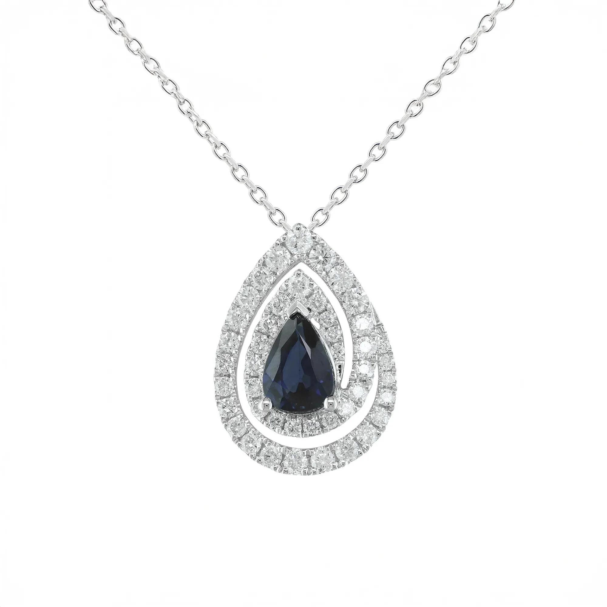 1/2 CT. Tw. Blue Sapphire & Diamond Swirl Pendant Necklace 10K White Gold Size 18"