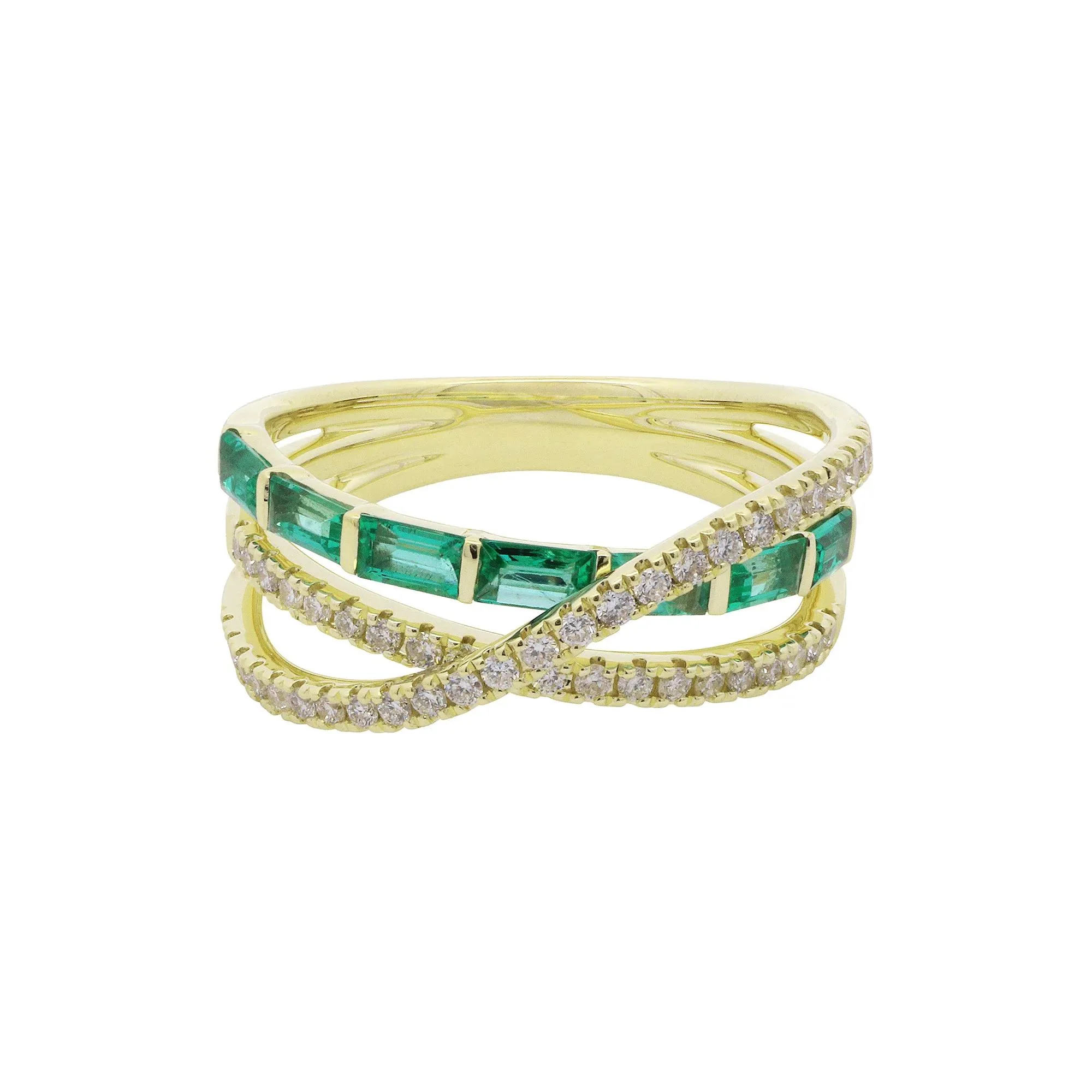 Baguette Emerald & Round Diamond Layer Wrap Ring 10K Yellow Gold Size 8 1mm - Image 2