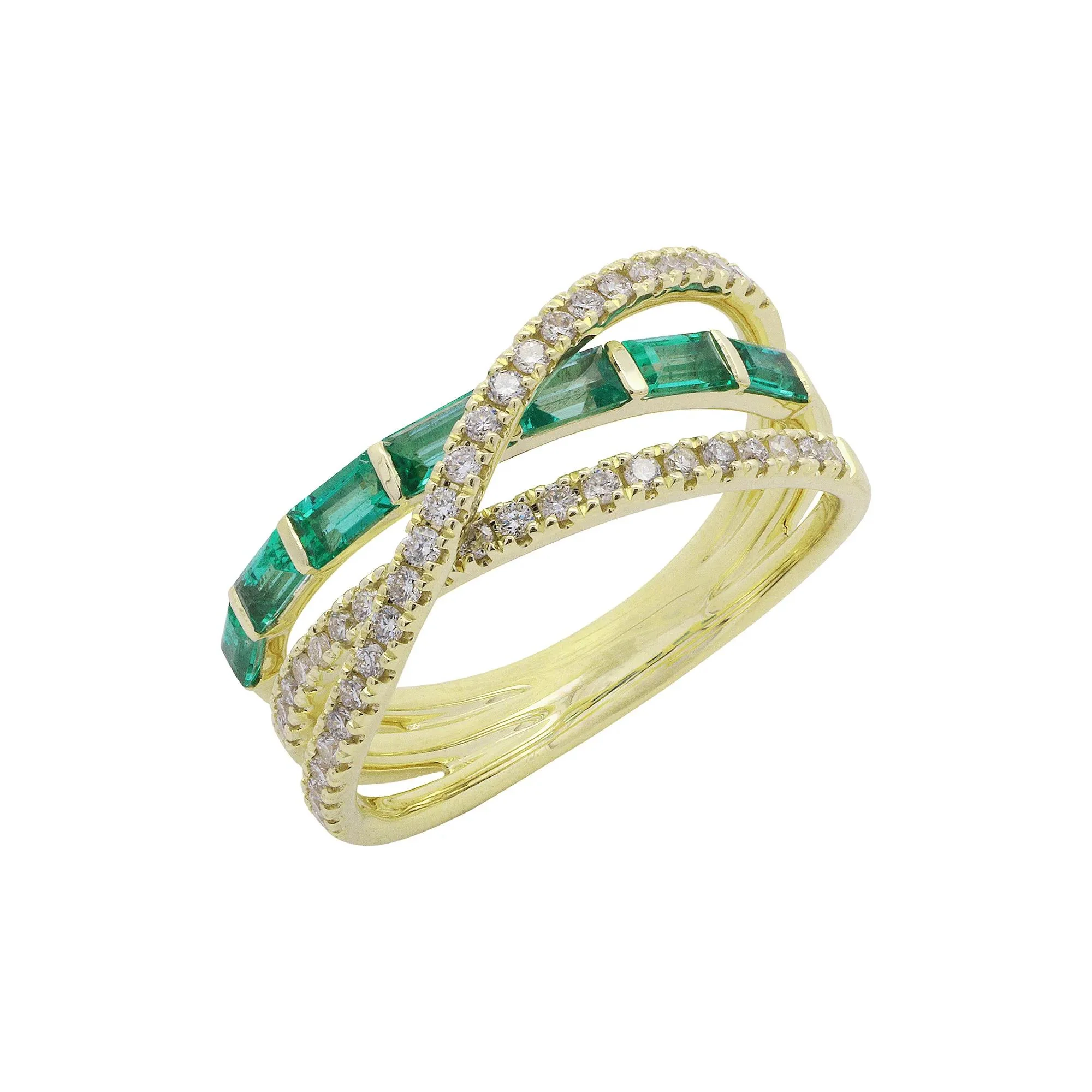 Baguette Emerald & Round Diamond Layer Wrap Ring 10K Yellow Gold Size 8.5 1mm - Image 3