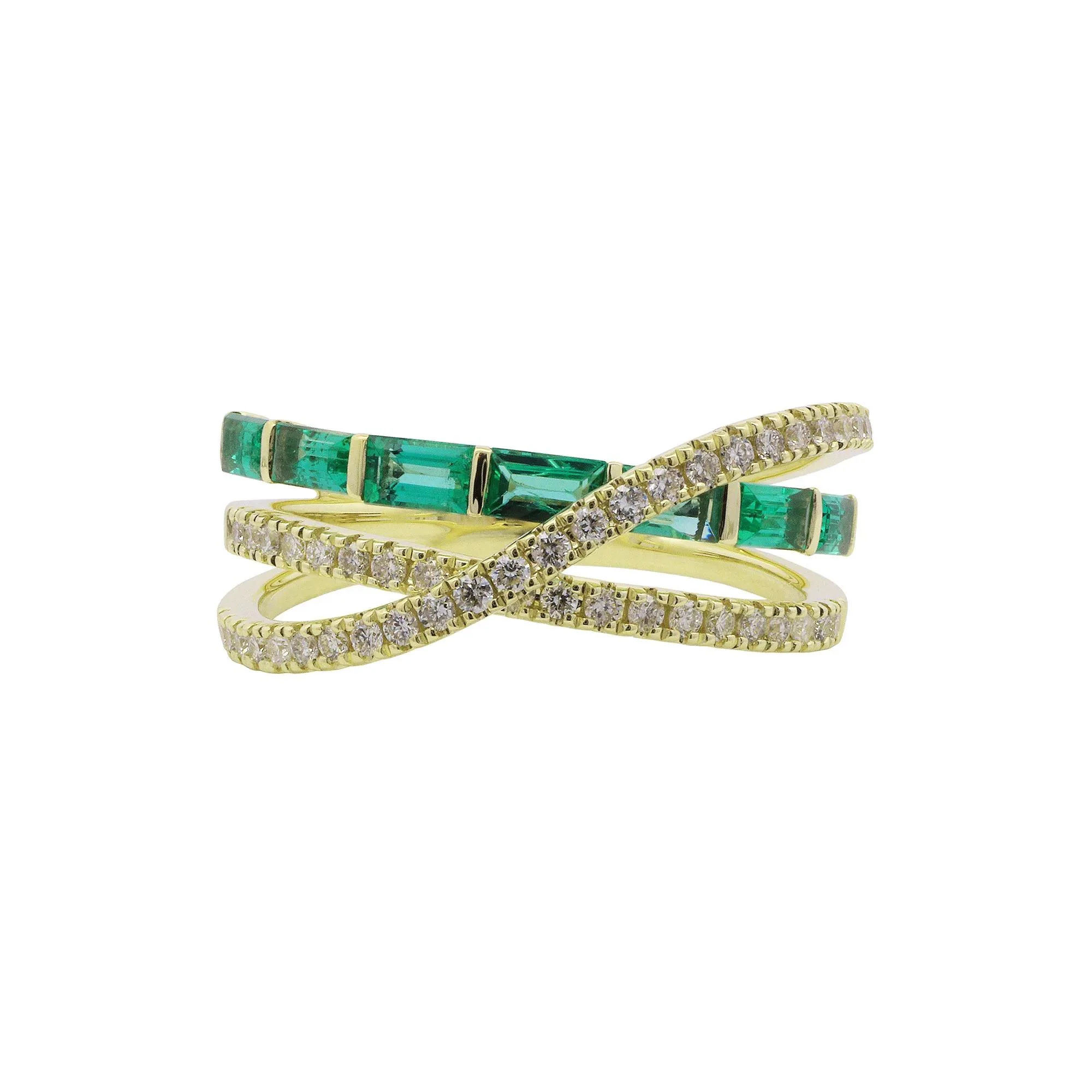 Baguette Emerald & Round Diamond Layer Wrap Ring 10K Yellow Gold Size 9 1mm