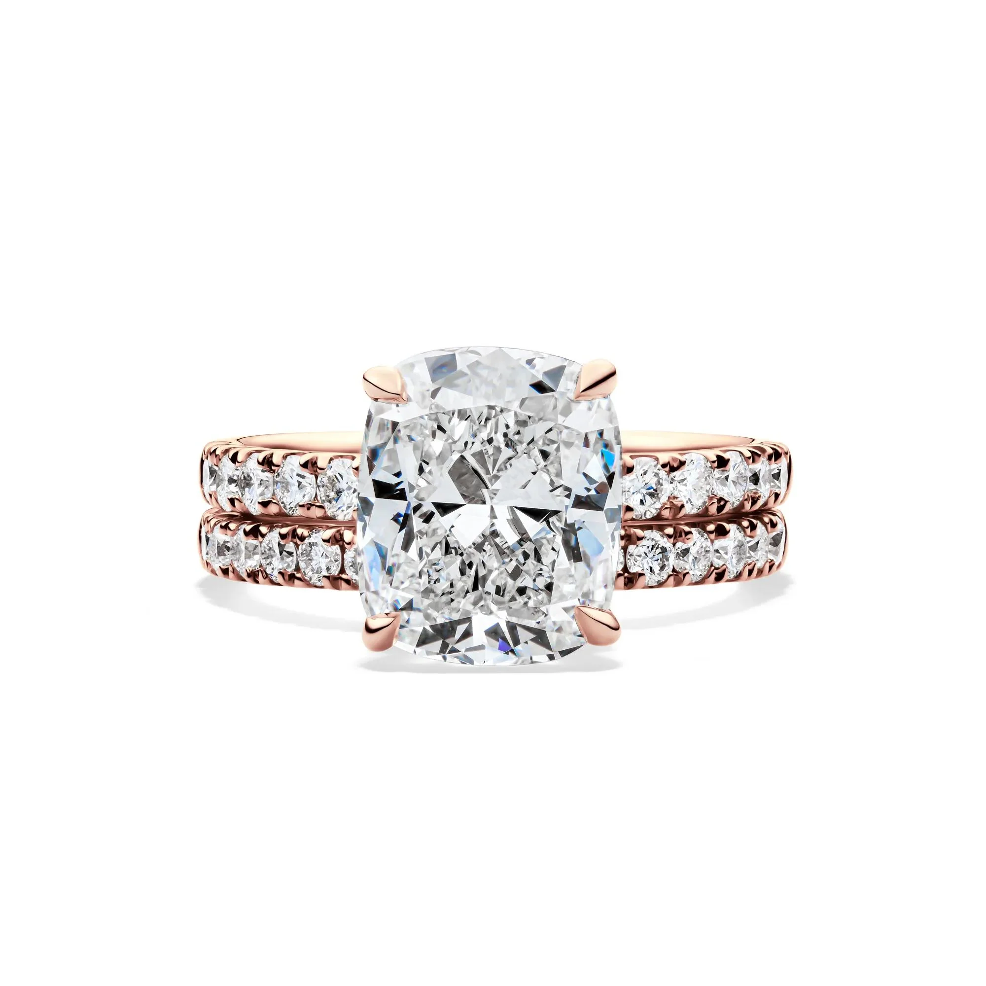 5 CT. Tw. Lab Grown Diamond Elongated Cushion-Cut Bridal Set 14K Rose Gold Ring Round Brilliant Cut Size 5.5 2mm