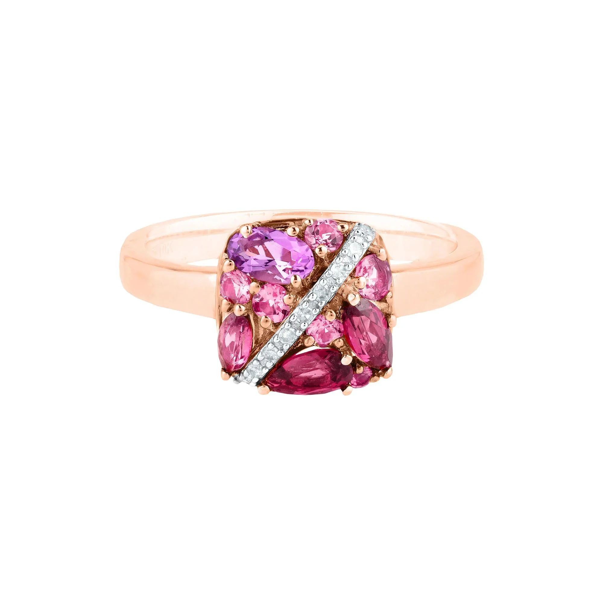Amethyst Tourmaline Rhodolite and Diamond Accent Ring 10K Rose Gold Size 7 2.5mm