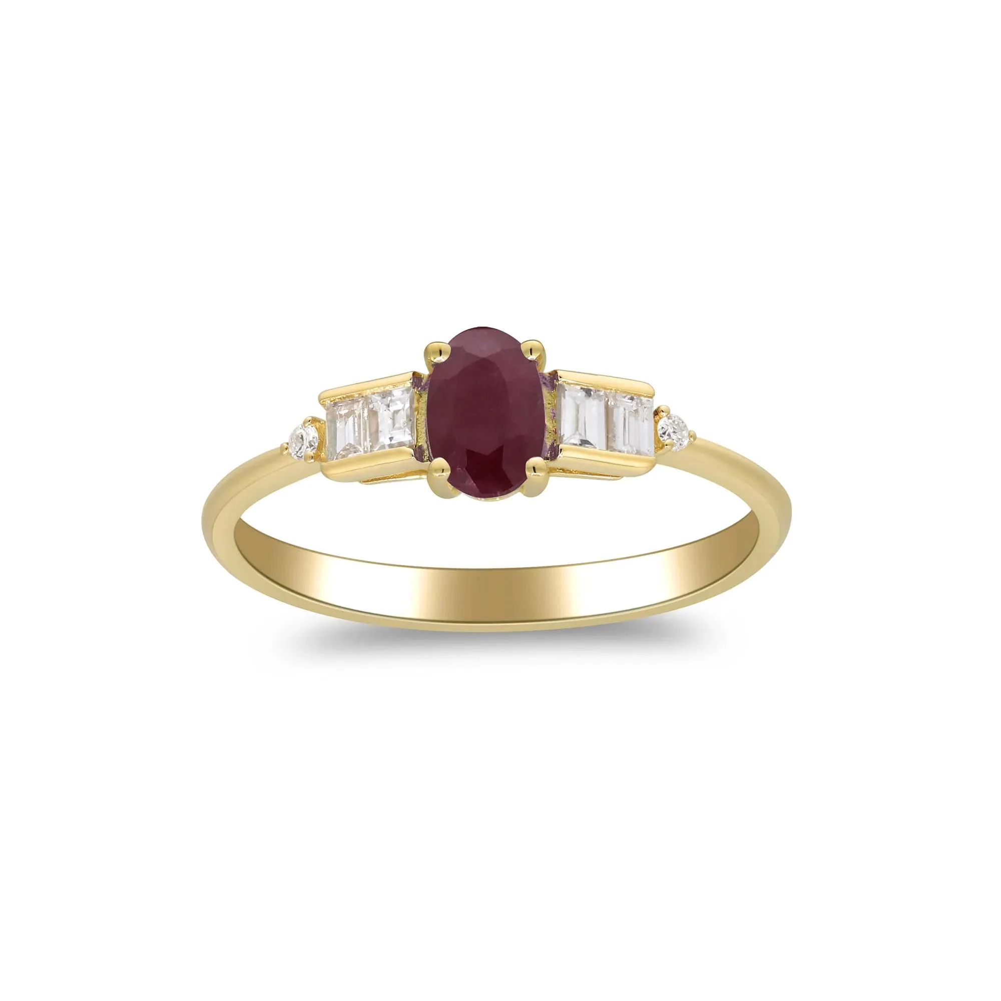 1/7 CT. Tw. Oval Ruby & Diamond Ring 10K Yellow Gold Round Brilliant Cut Size 5.5 2mm - Image 4