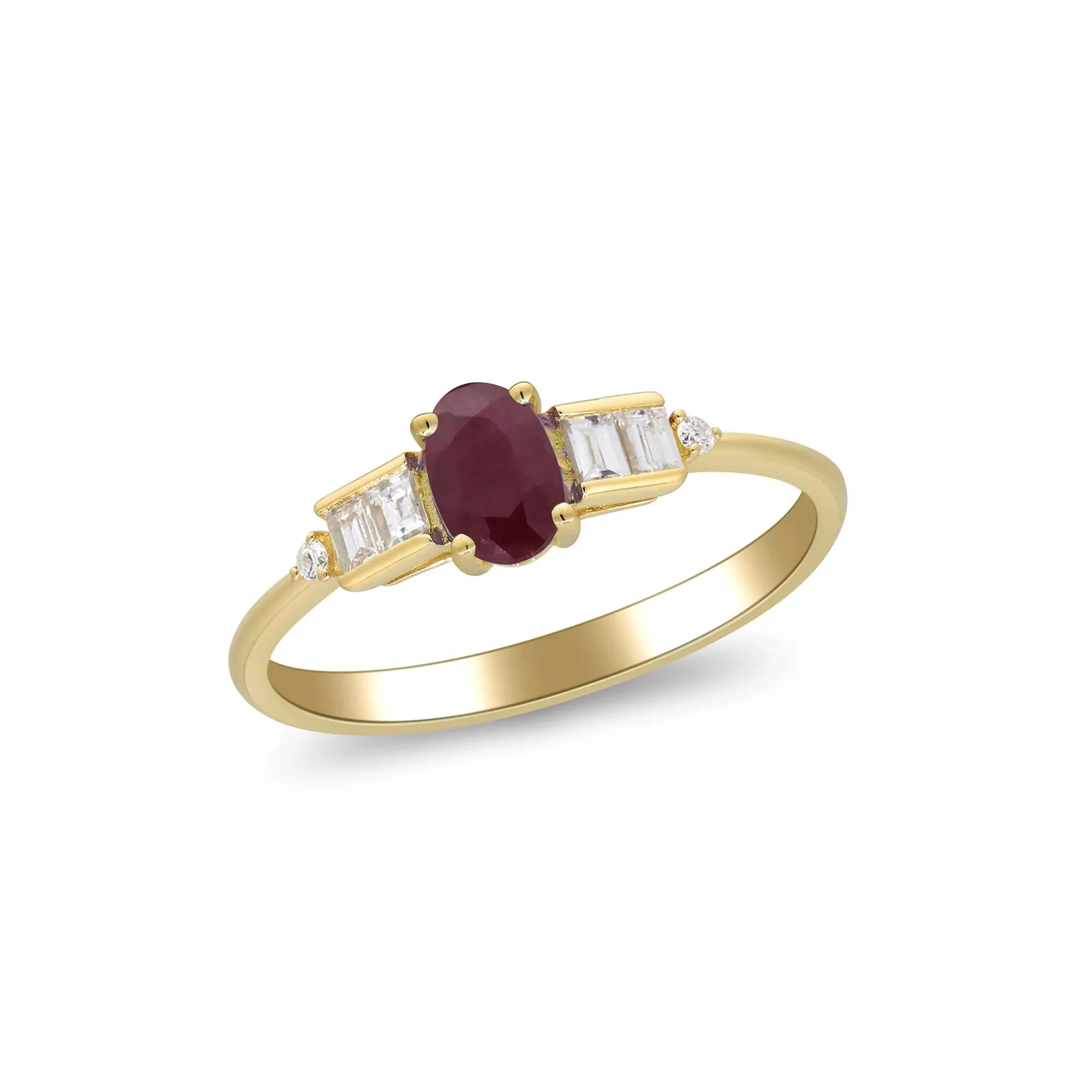 1/7 CT. Tw. Oval Ruby & Diamond Ring 10K Yellow Gold Round Brilliant Cut Size 5.5 2mm - Image 5
