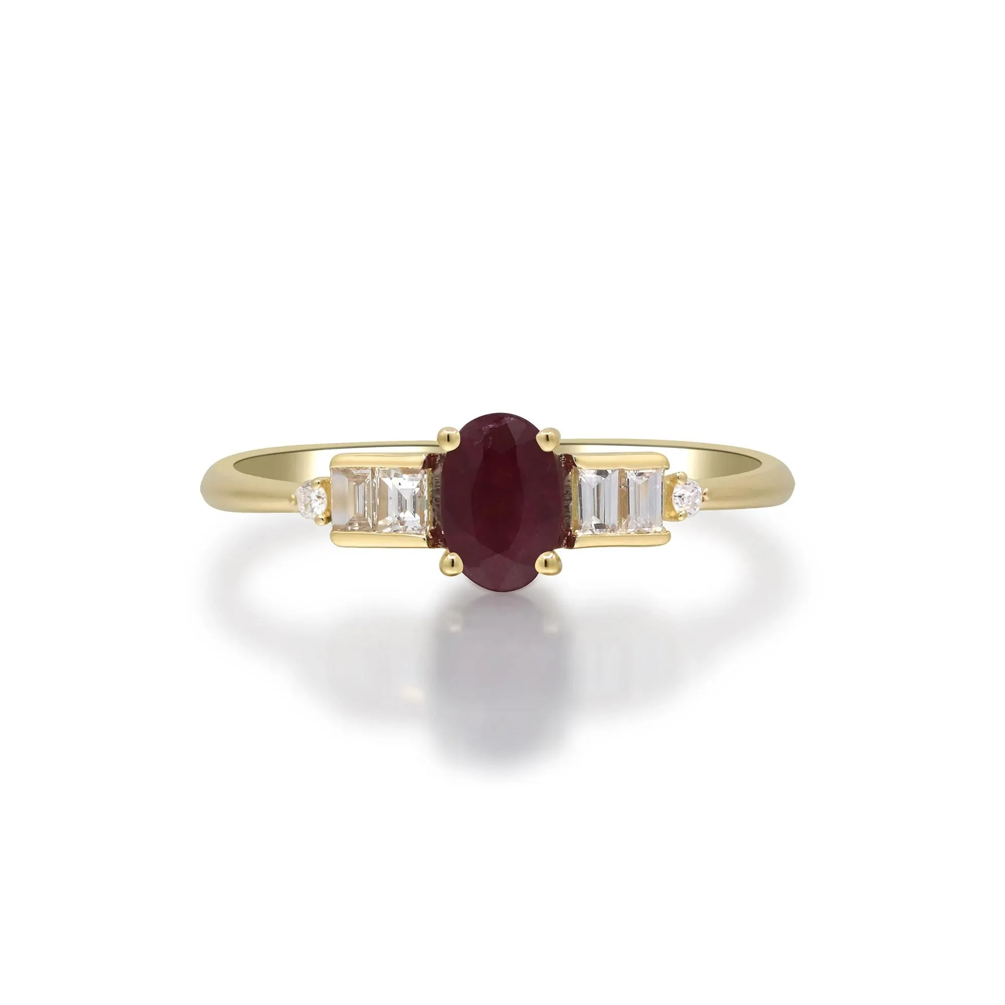 1/7 CT. Tw. Oval Ruby & Diamond Ring 10K Yellow Gold Round Brilliant Cut Size 9 2mm