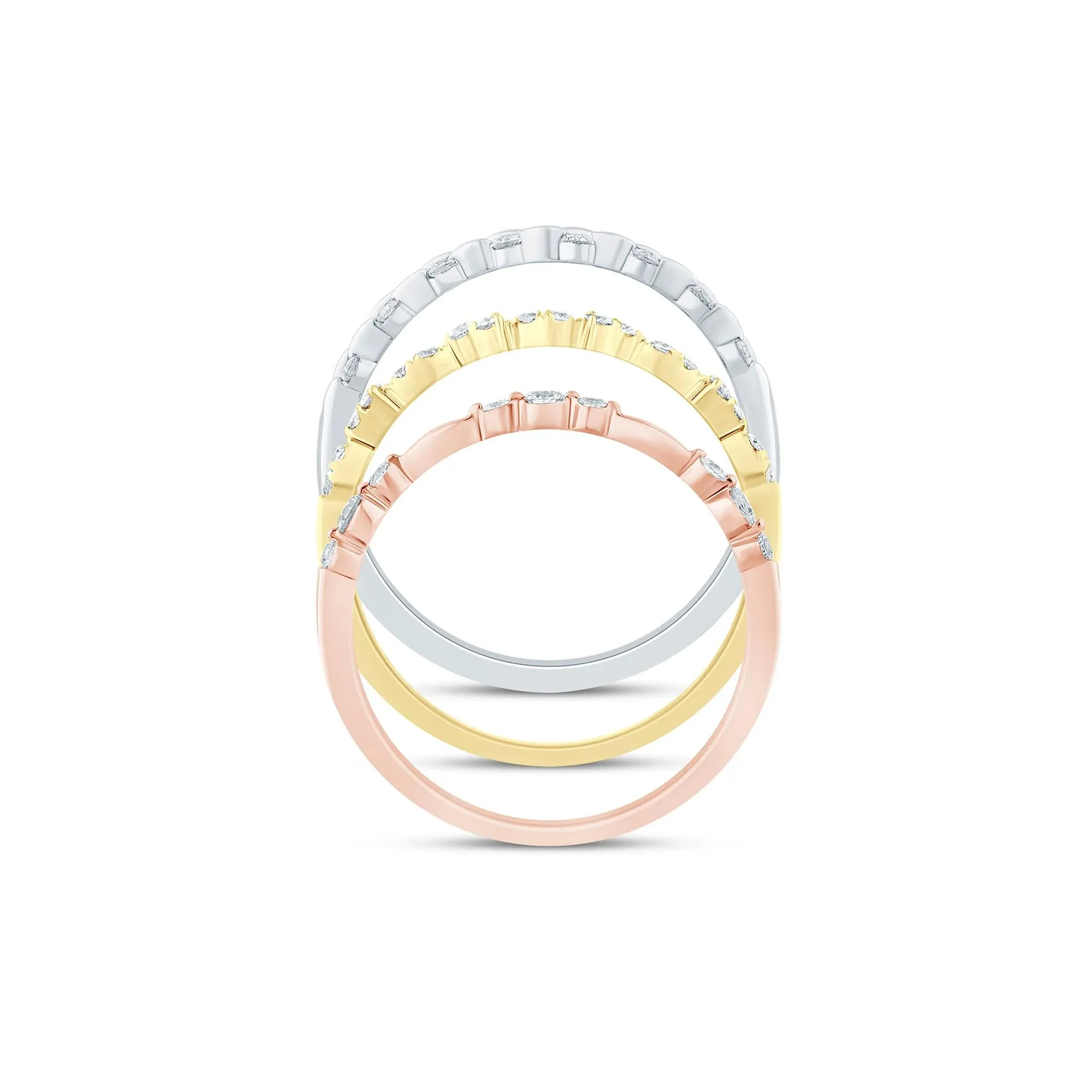 1/2 CT. Tw. Diamond Three-Piece Stack Ring Set 14K White Yellow & Rose Gold Size 7 3mm - Image 2