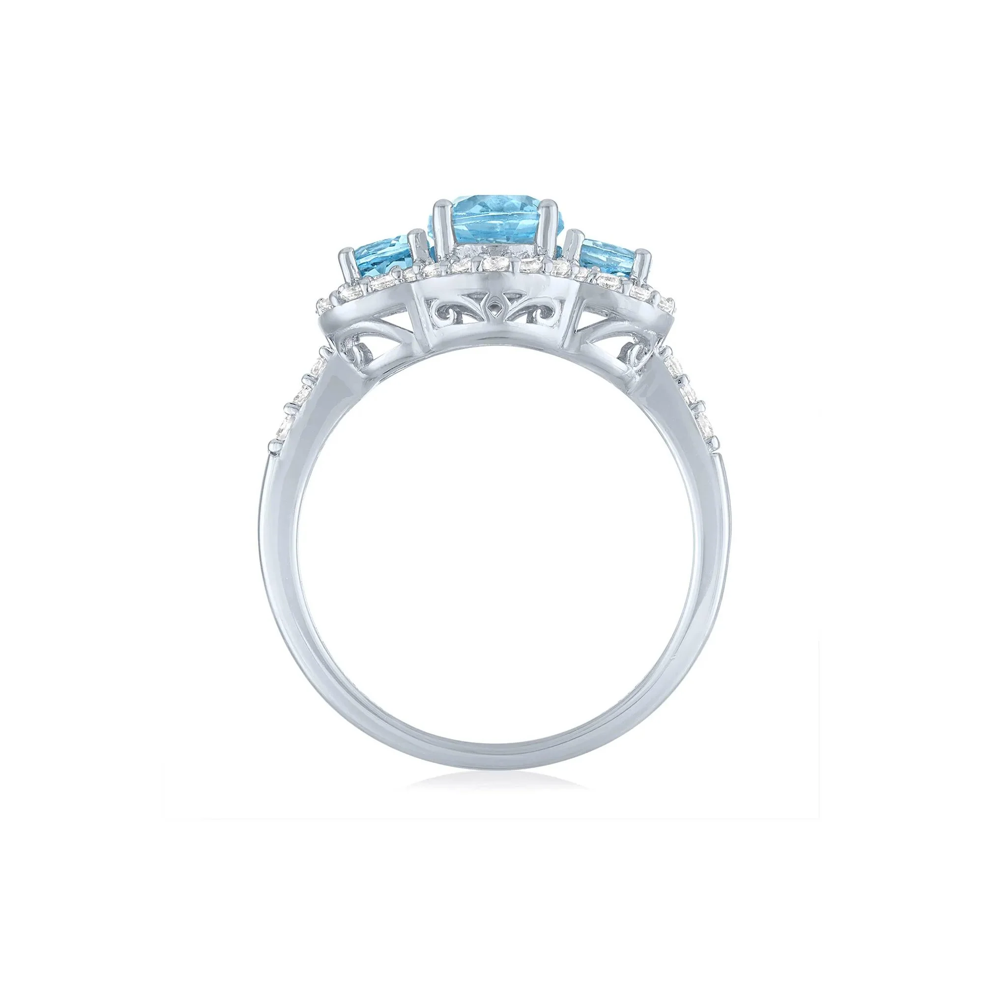 Swiss Blue Topaz & Lab-Created White Sapphire Three-Stone Ring .925 Sterling Silver Size 6 1mm - Image 2