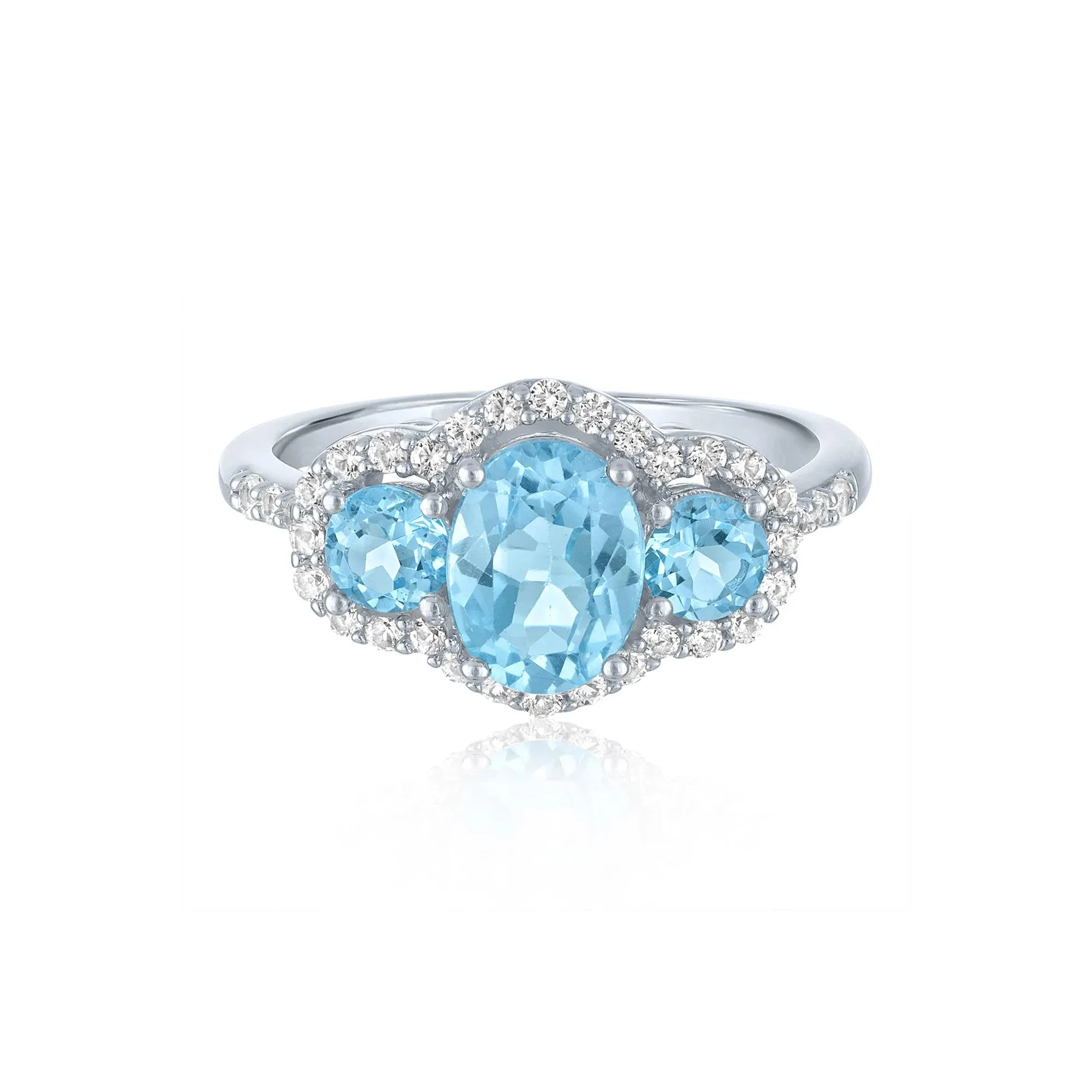 Swiss Blue Topaz & Lab-Created White Sapphire Three-Stone Ring .925 Sterling Silver Size 8 1mm