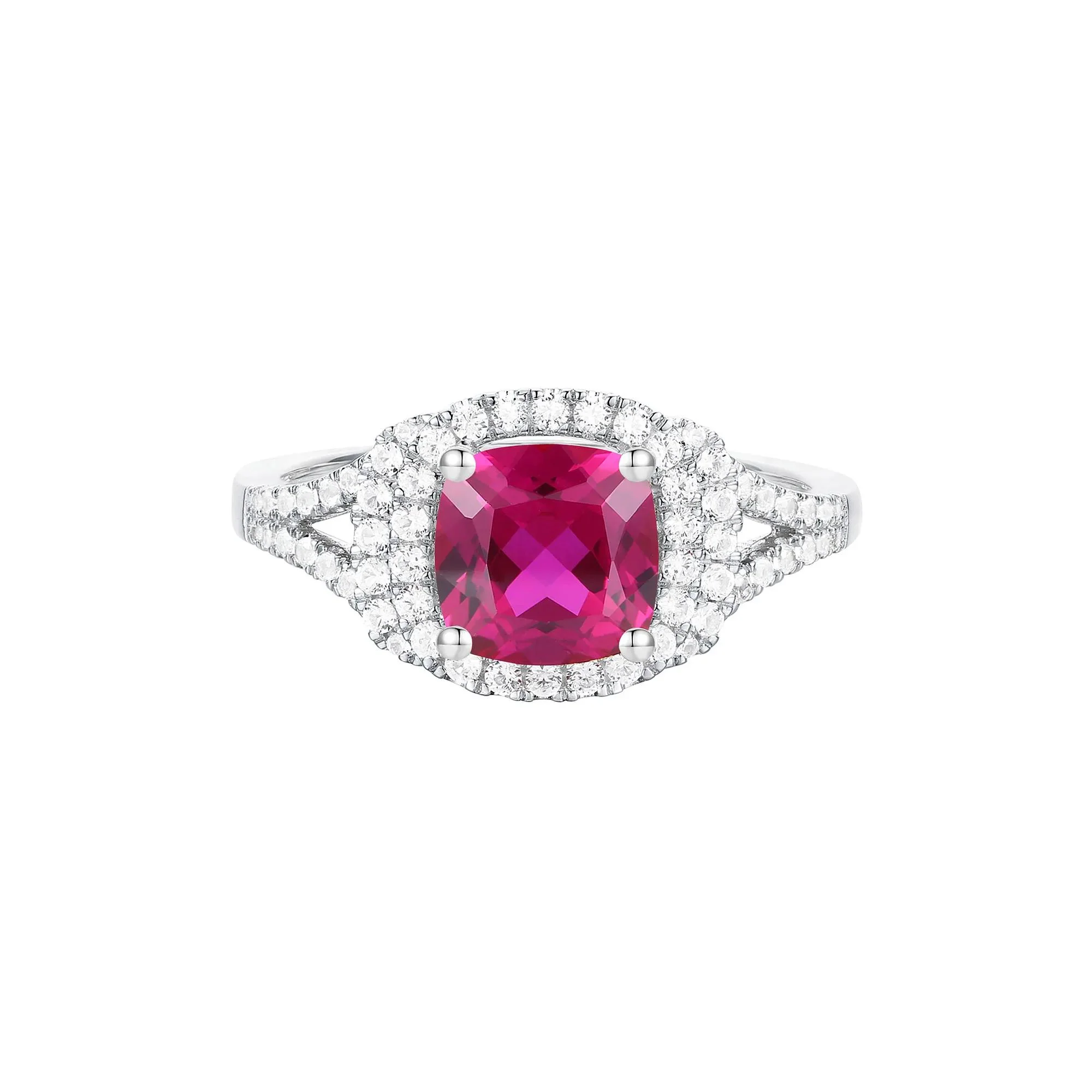 Lab-Created Ruby and Lab-Created White Sapphire Halo Ring .925 Sterling Silver Size 8 1mm