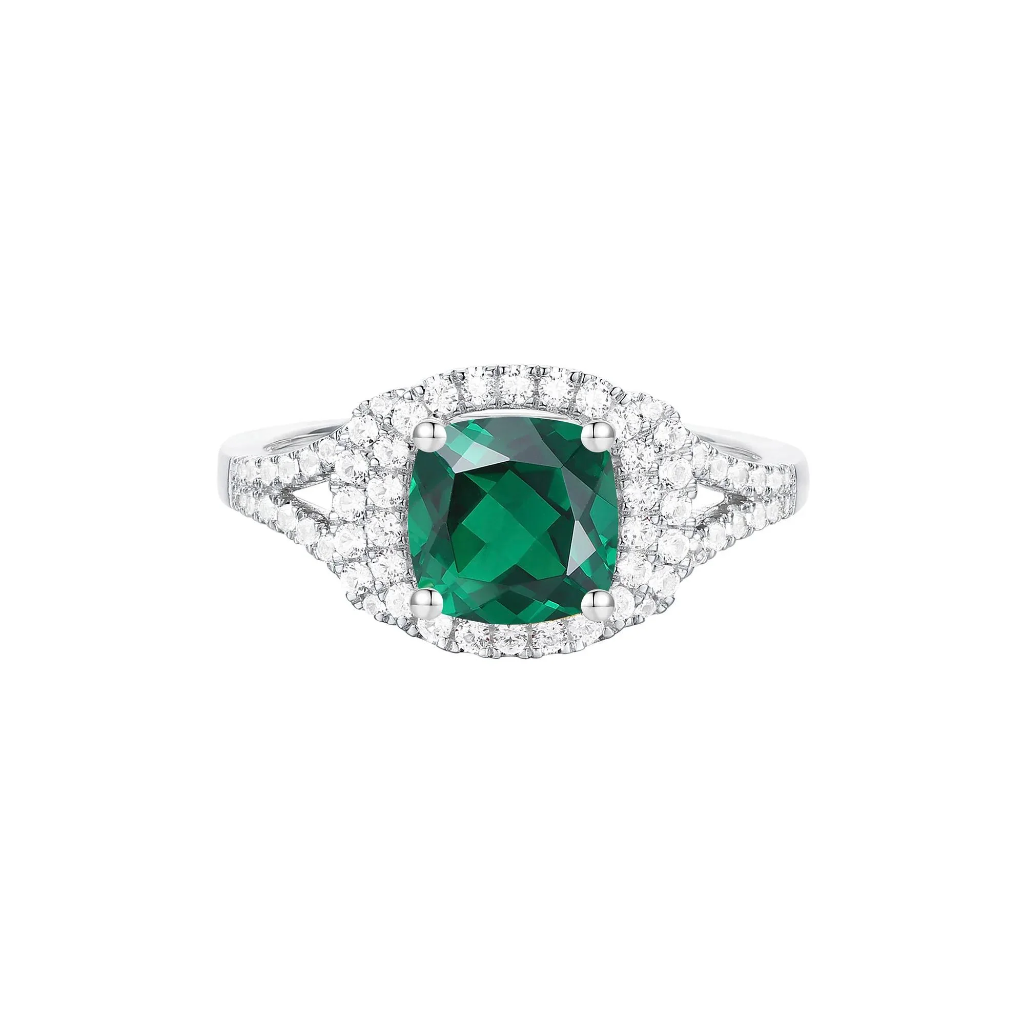 Lab-Created Emerald & Lab-Created White Sapphire Halo Ring .925 Sterling Silver Size 8 1mm