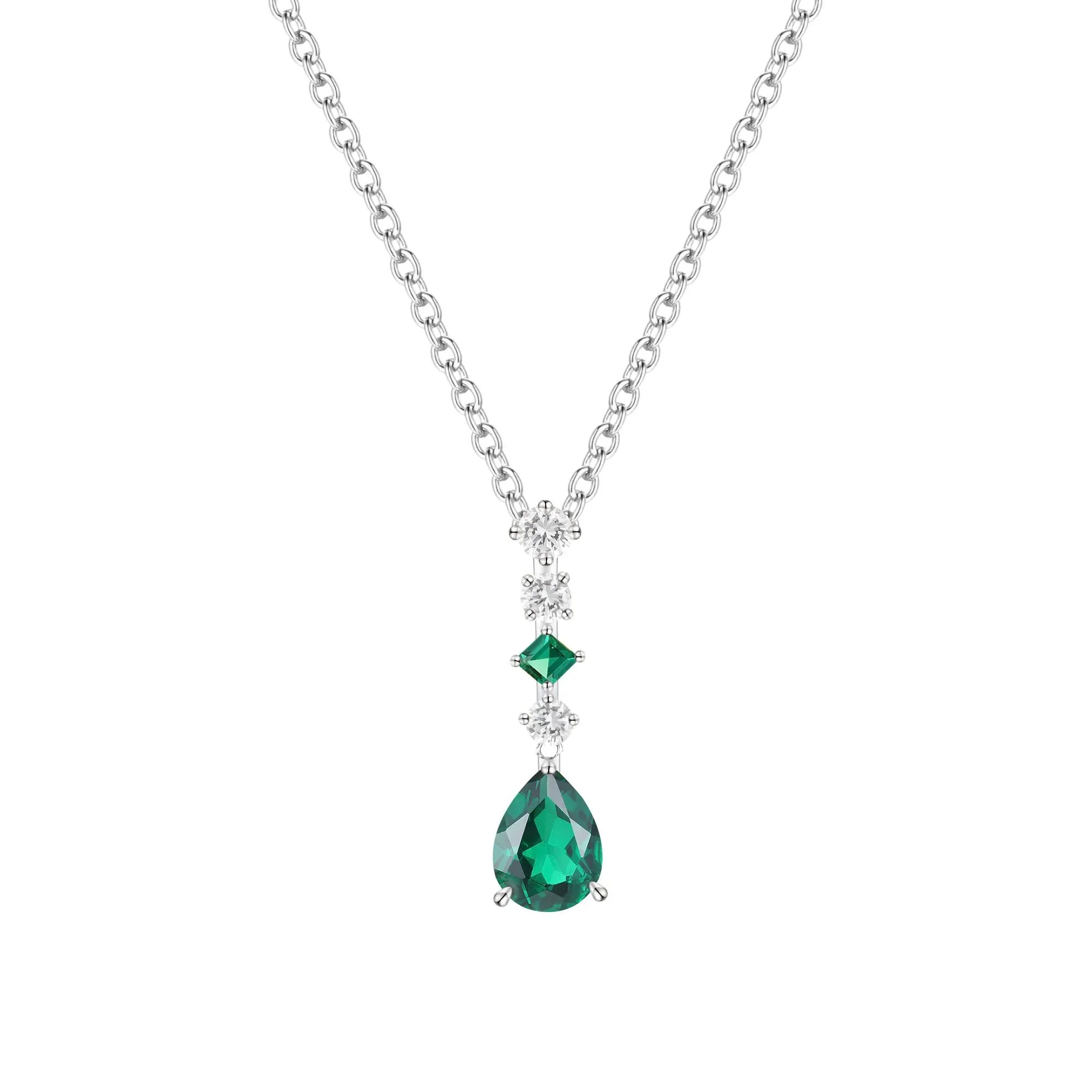 Lab-Created Emerald & Lab-Created White Sapphire Drop Pendant Necklace .925 Sterling Silver Size 18"