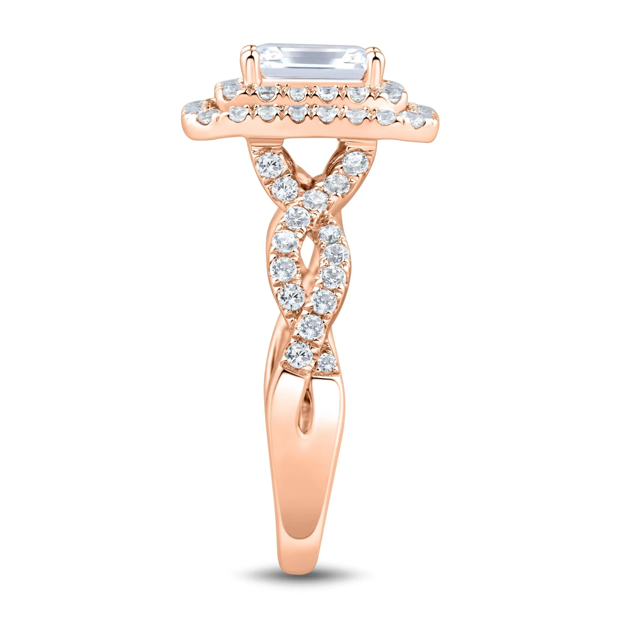 1/2 CT. Tw. Lab Grown Diamond Emerald-Cut Halo Engagement Ring 14K Rose Gold Size 5.5 1.5mm - Image 3