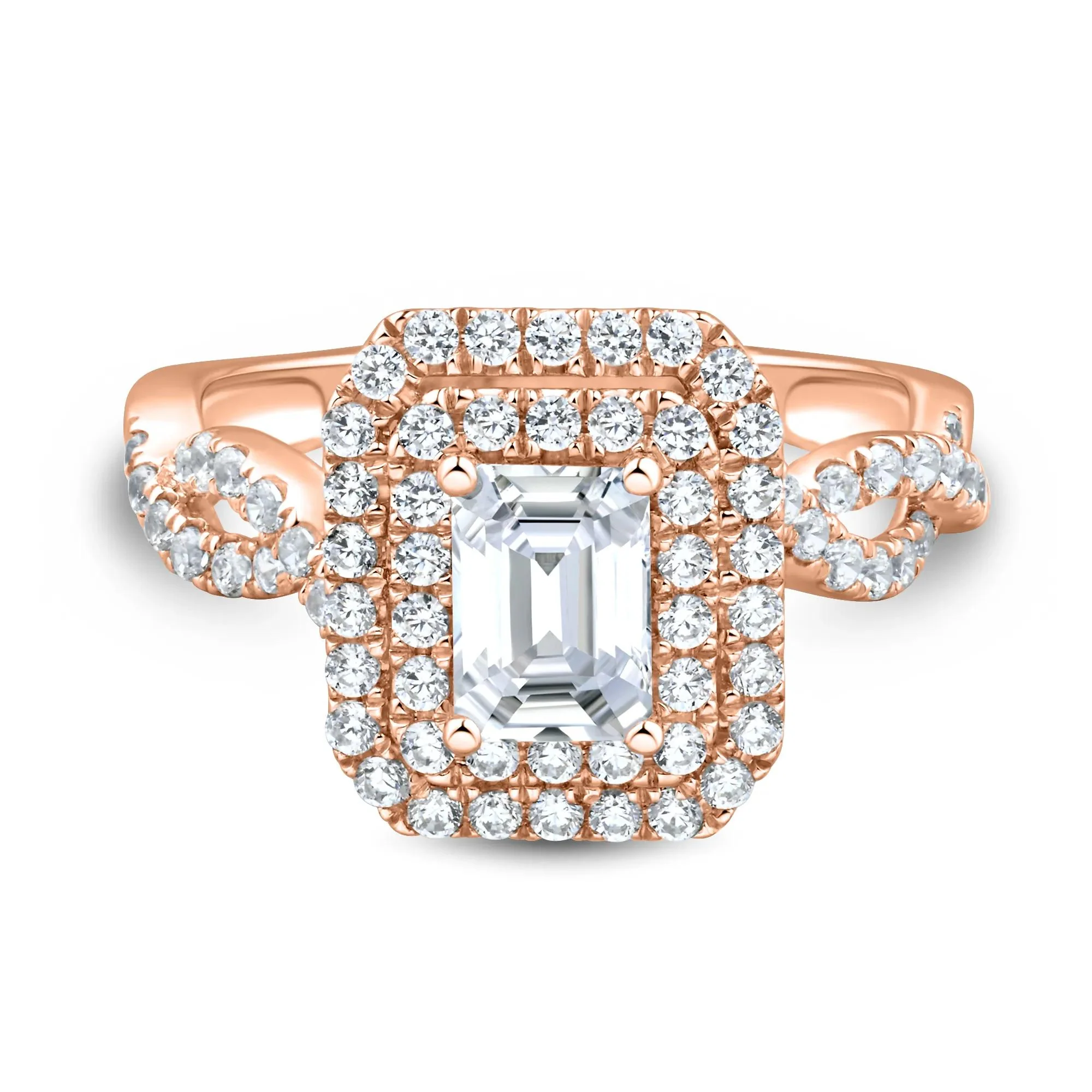 1/2 CT. Tw. Lab Grown Diamond Emerald-Cut Halo Engagement Ring 14K Rose Gold Size 7 1.5mm