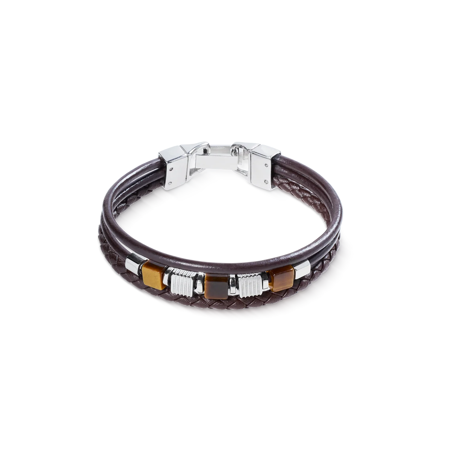 Brown Leather Bracelet 3-Strand with Tiger’s Eye and Graphic Relief Stainless Steel Cubes