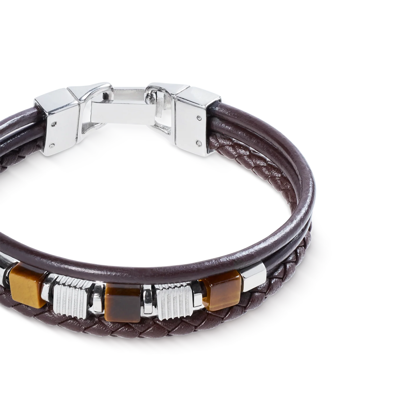 Brown Leather Bracelet 3-Strand with Tiger’s Eye and Graphic Relief Stainless Steel Cubes - Image 2