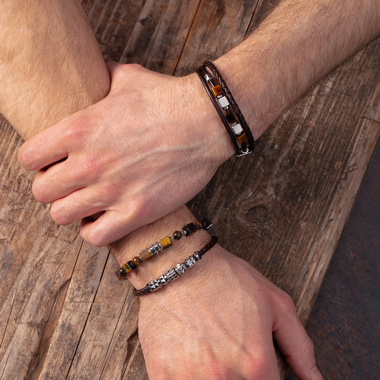 Brown Leather Bracelet 3-Strand with Tiger’s Eye and Graphic Relief Stainless Steel Cubes - Image 3