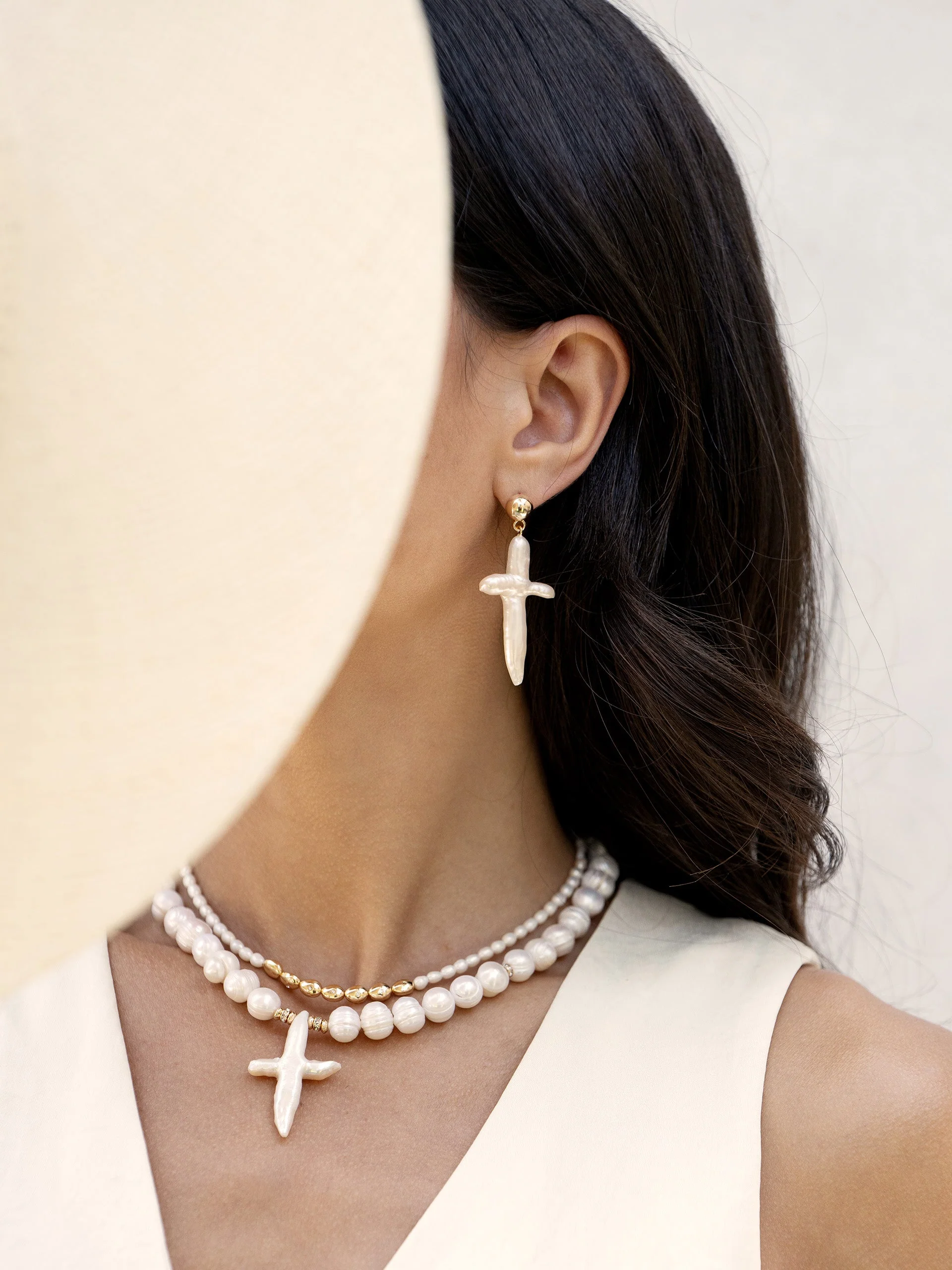 Organic Freshwater Pearl Cross Earrings - Image 8