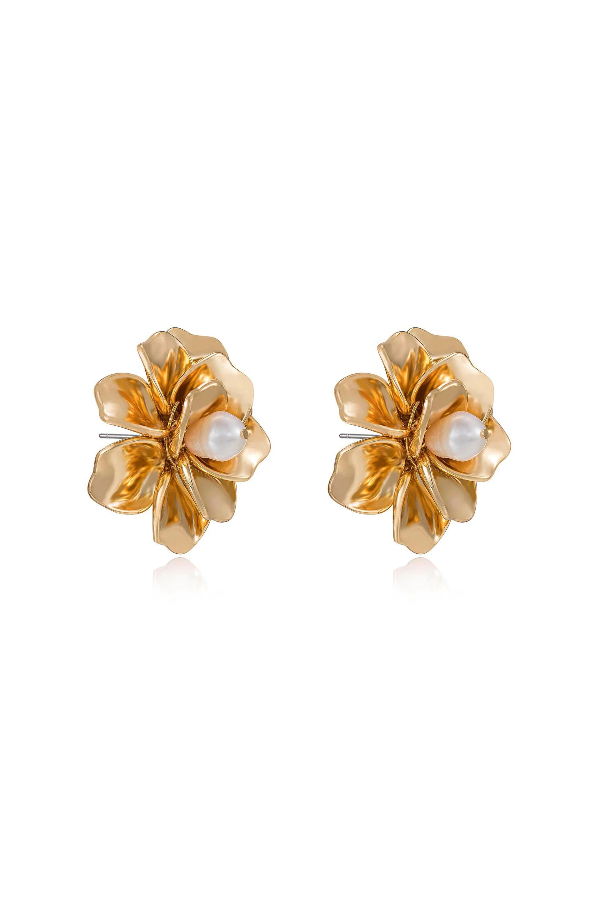 Golden Petals and Pearl Stud Earrings - Image 3