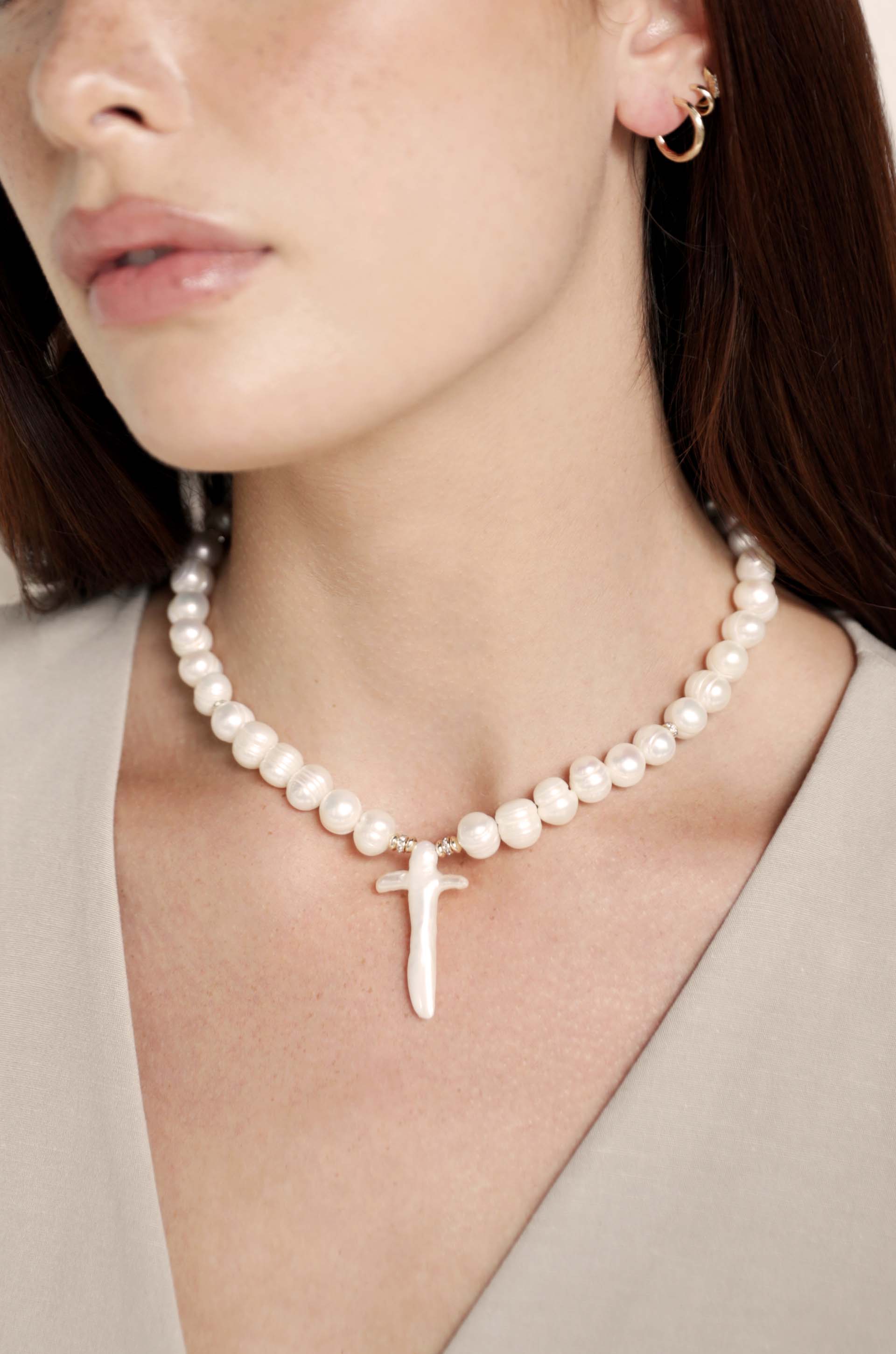 Organic Pearl Cross Necklace - Image 2