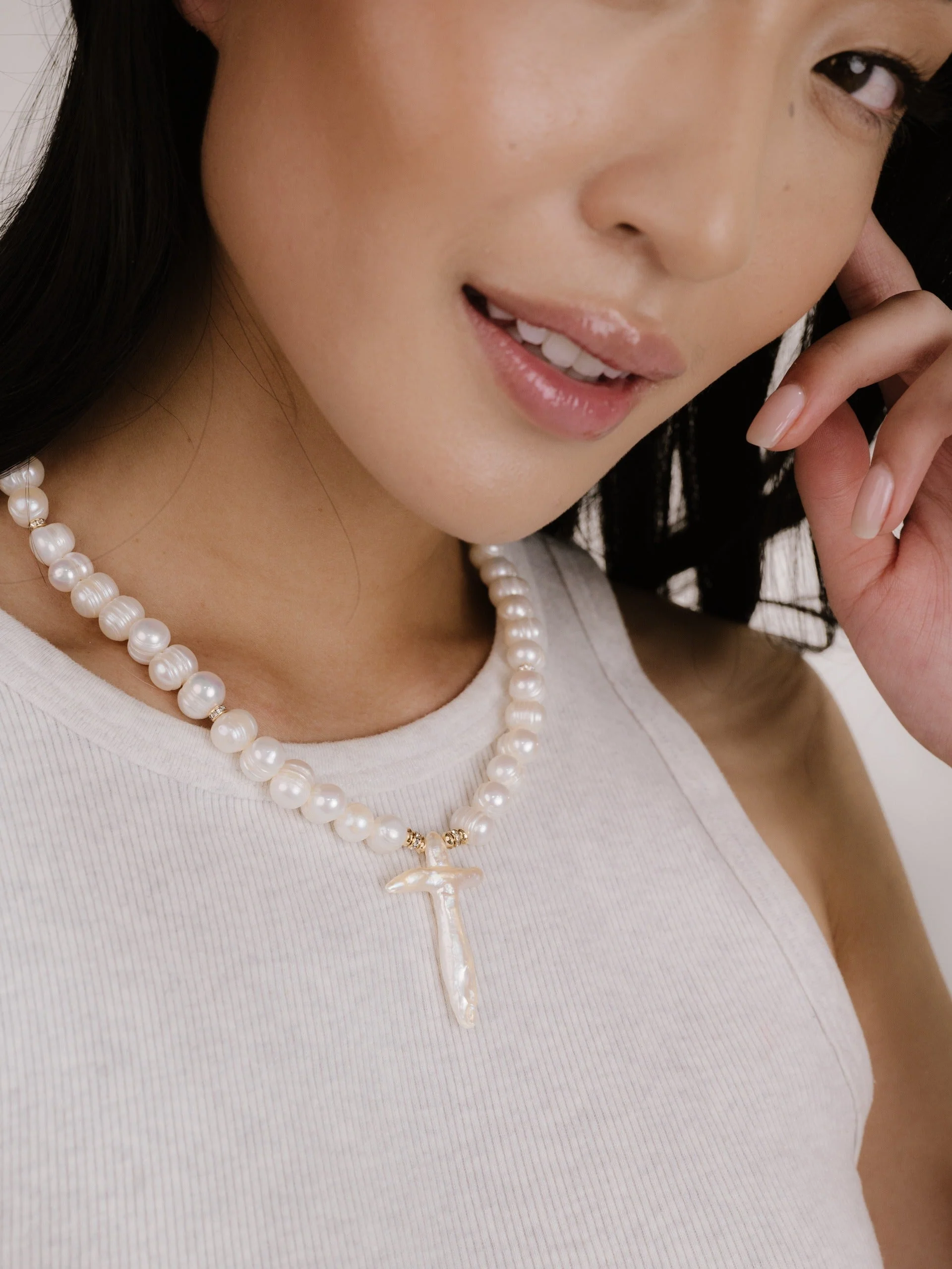 Organic Pearl Cross Necklace - Image 4
