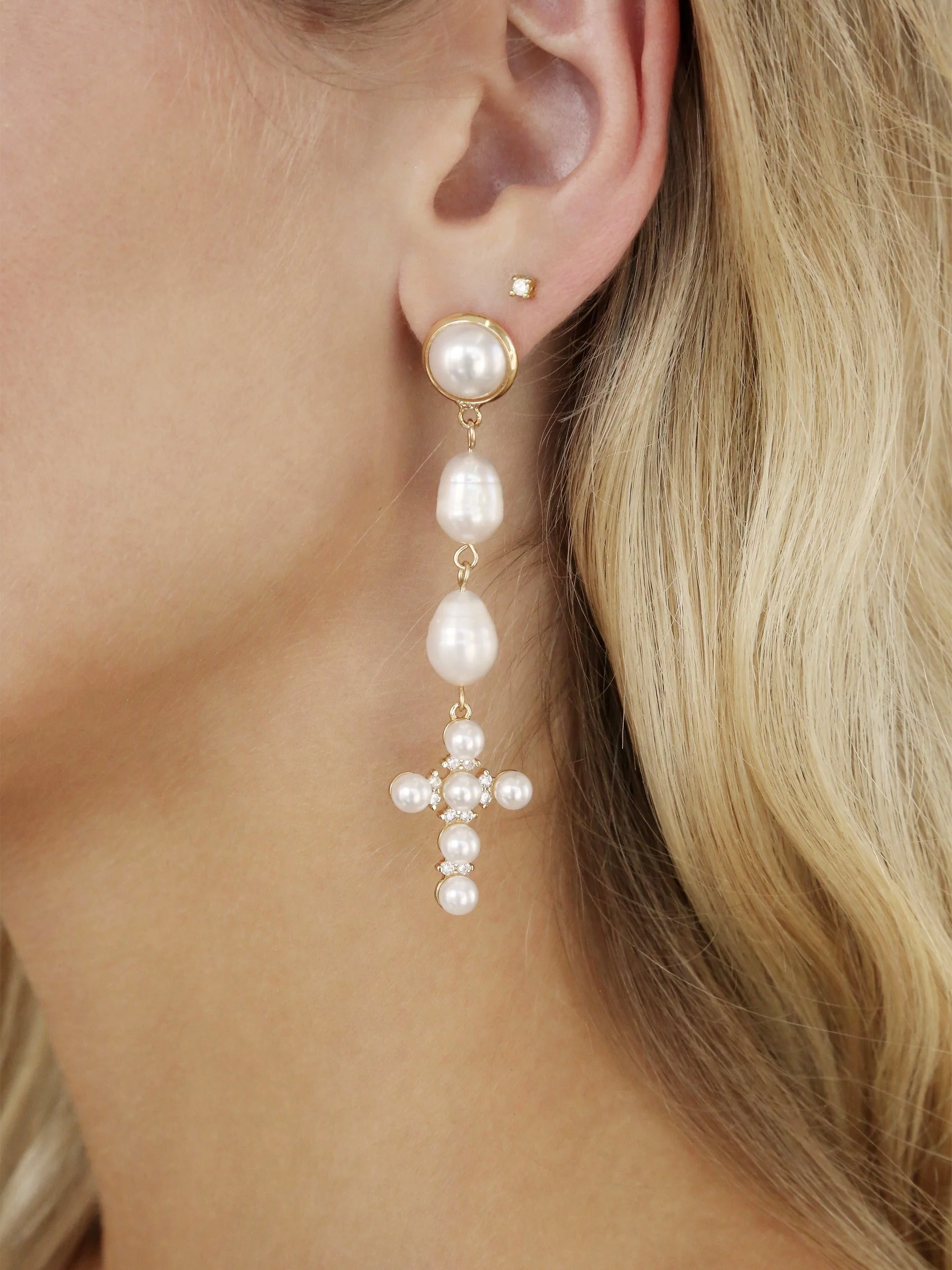 Pearl Cross Drop Earrings - Image 2
