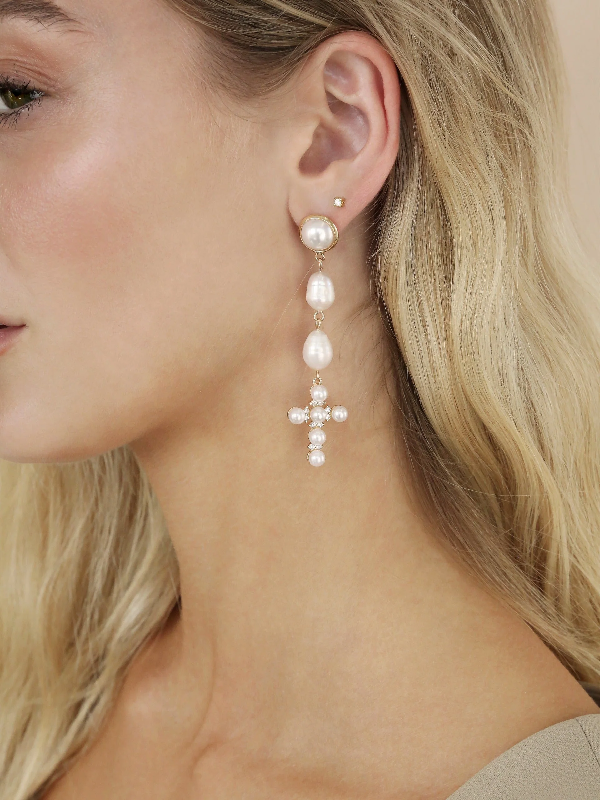 Pearl Cross Drop Earrings - Image 4