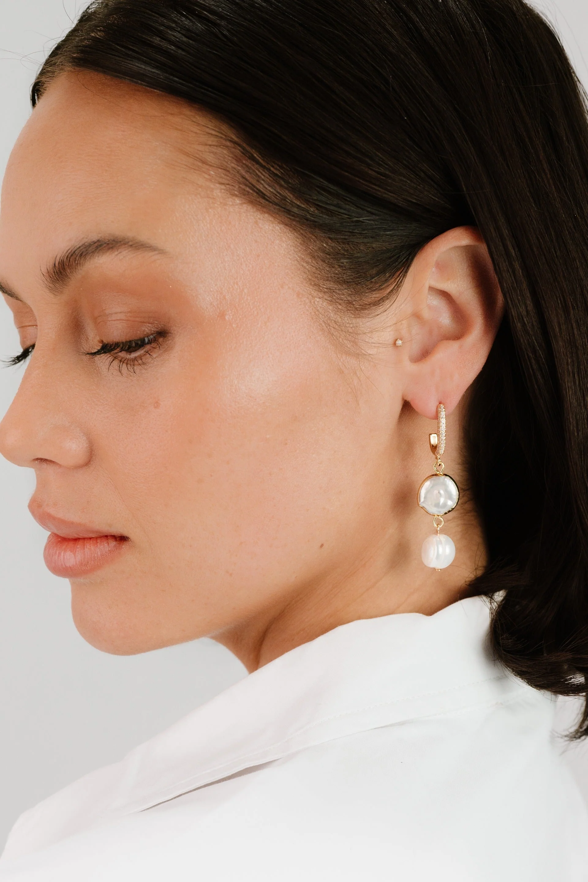 Dangling Freshwater Pearl Huggie Hoop Earrings - Image 5