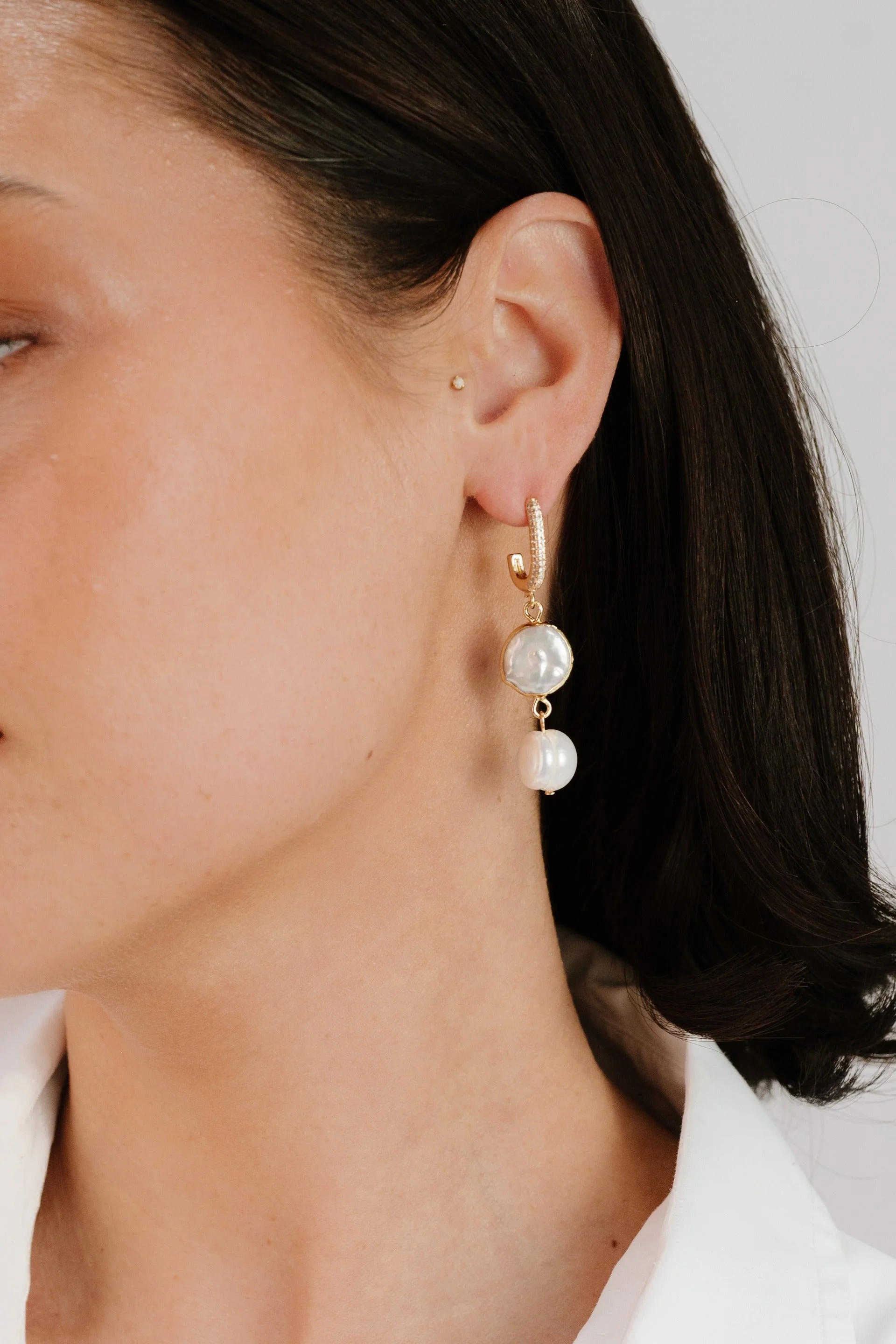 Dangling Freshwater Pearl Huggie Hoop Earrings - Image 6