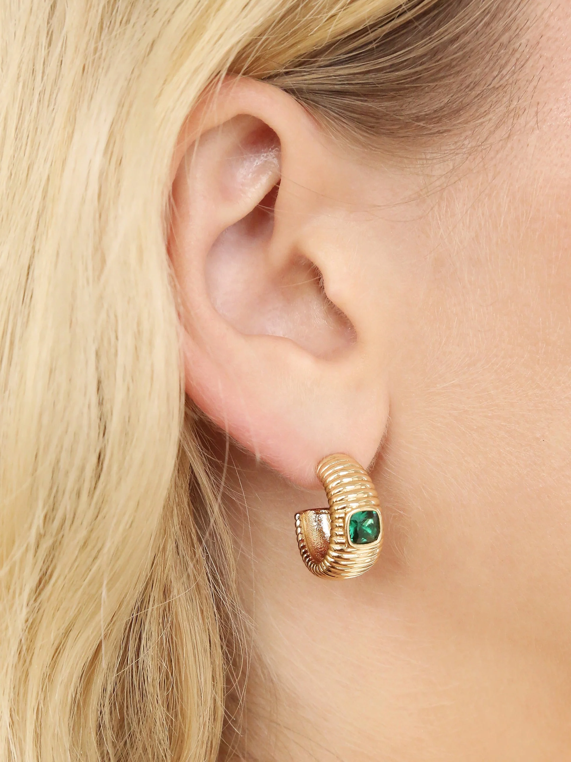 Ribbed Emerald Medium Hoops - Image 2