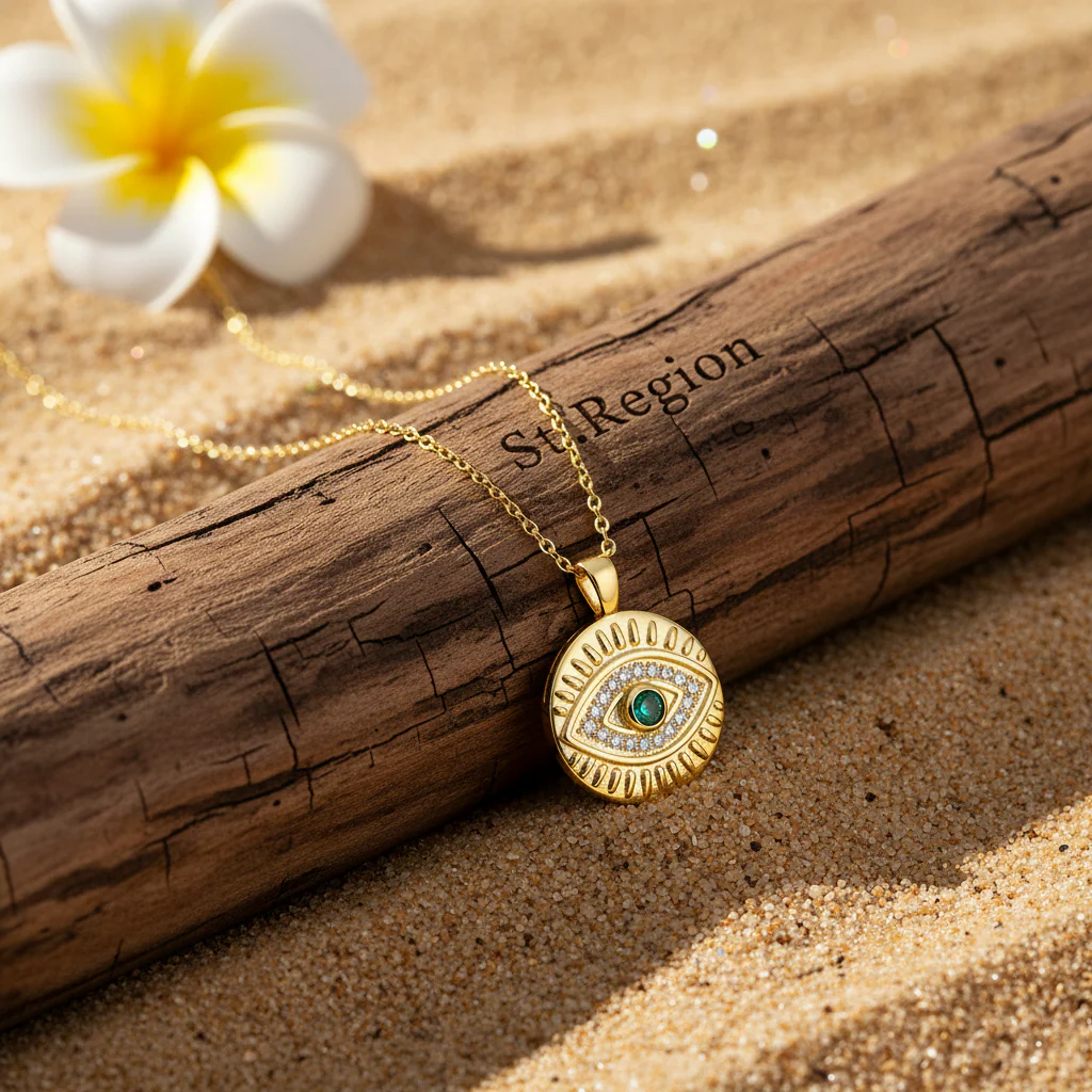 Cubic Zirconia & 18K Gold-Plated Eye Round Pendant Necklace - Image 3