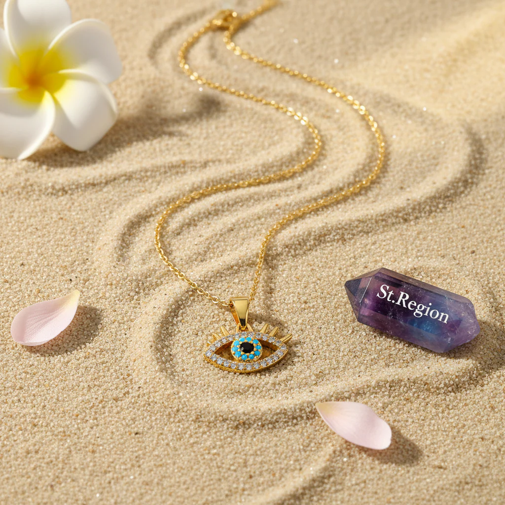 Blue Resin & Clear Cubic Zirconia Eye Pendant Necklace - Image 4