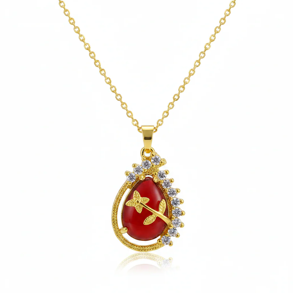 Red Quartz & 18K Gold-Plated Botanical Drop Pendant Necklace