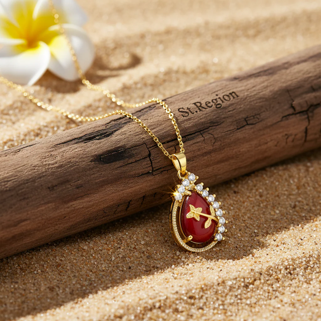 Red Quartz & 18K Gold-Plated Botanical Drop Pendant Necklace - Image 3