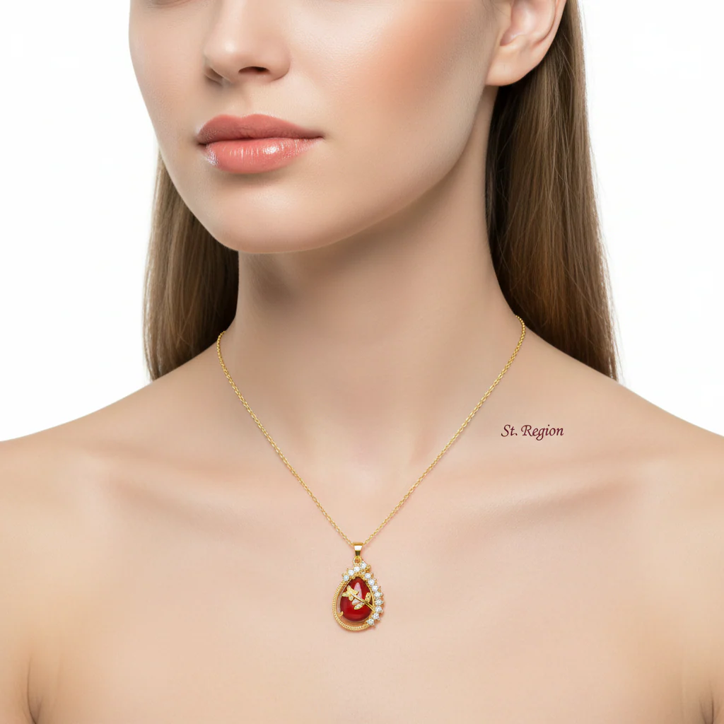 Red Quartz & 18K Gold-Plated Botanical Drop Pendant Necklace - Image 5