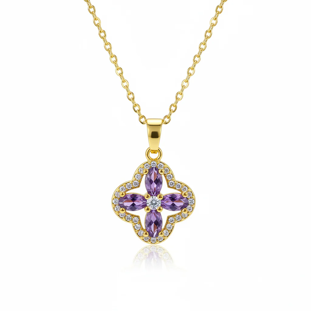Purple Crystal & Cubic Zirconia 18K Gold-Plated Clover Pendant Necklace