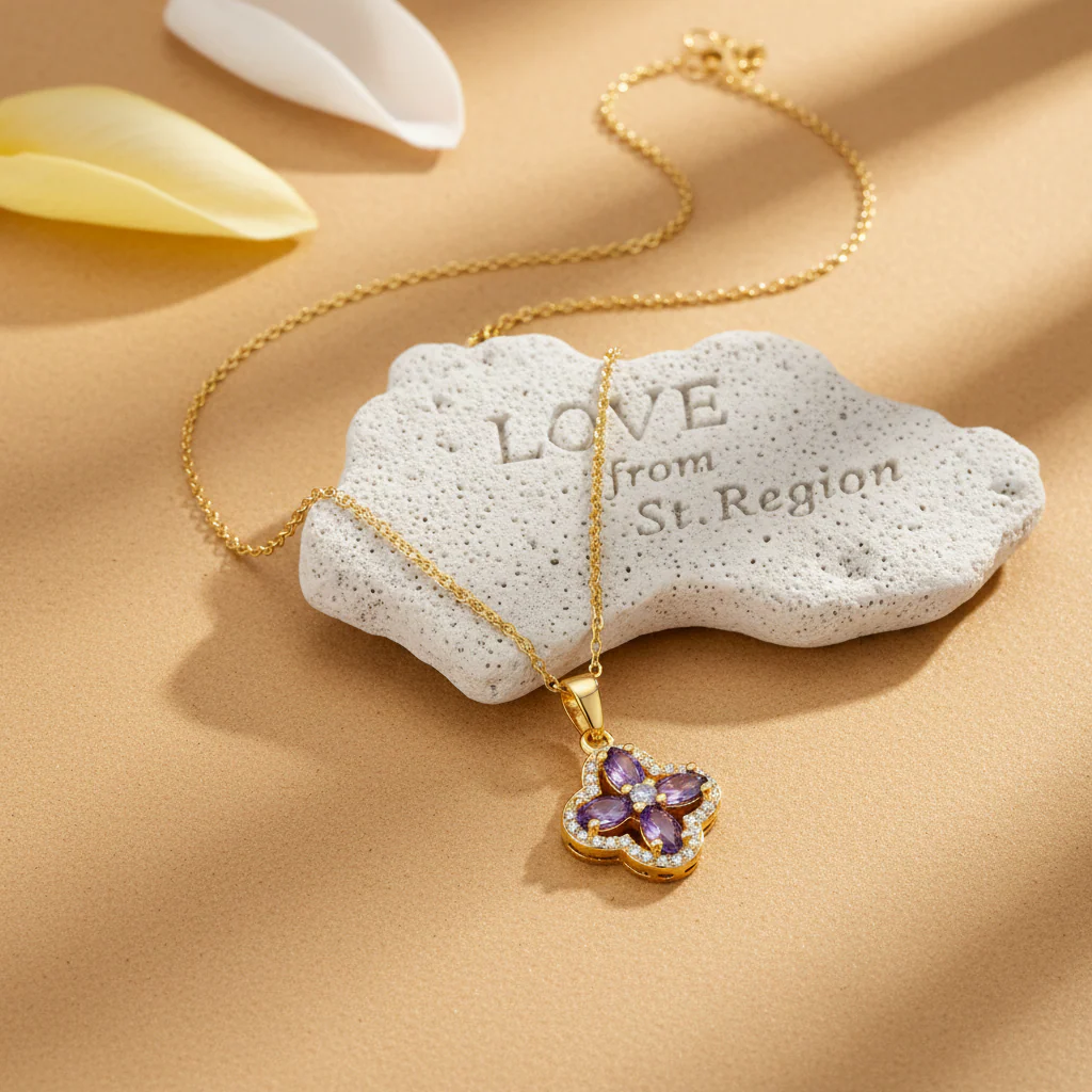 Purple Crystal & Cubic Zirconia 18K Gold-Plated Clover Pendant Necklace - Image 2