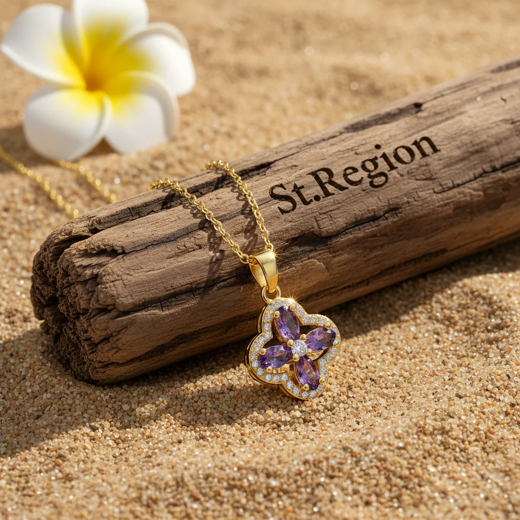 Purple Crystal & Cubic Zirconia 18K Gold-Plated Clover Pendant Necklace - Image 3