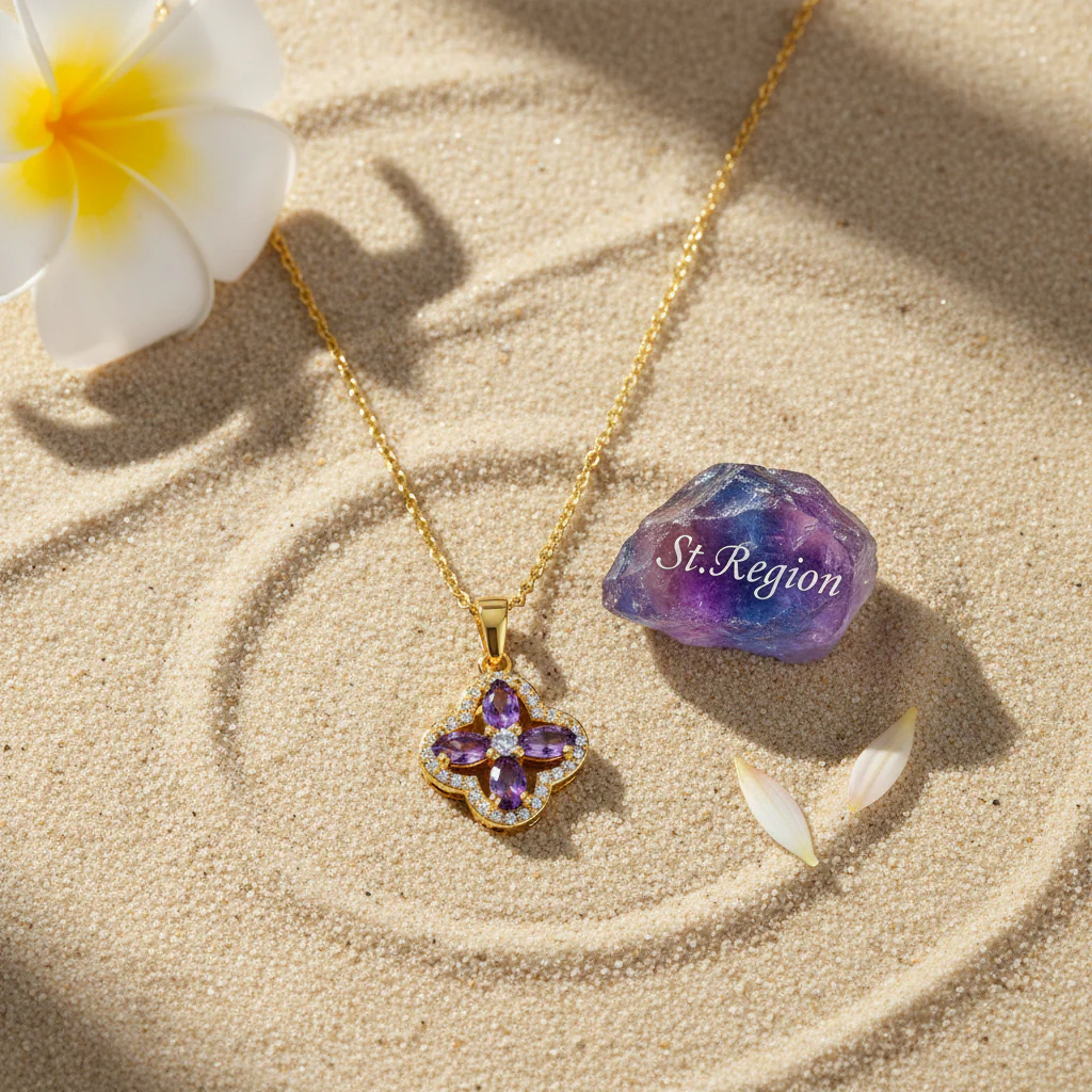 Purple Crystal & Cubic Zirconia 18K Gold-Plated Clover Pendant Necklace - Image 4