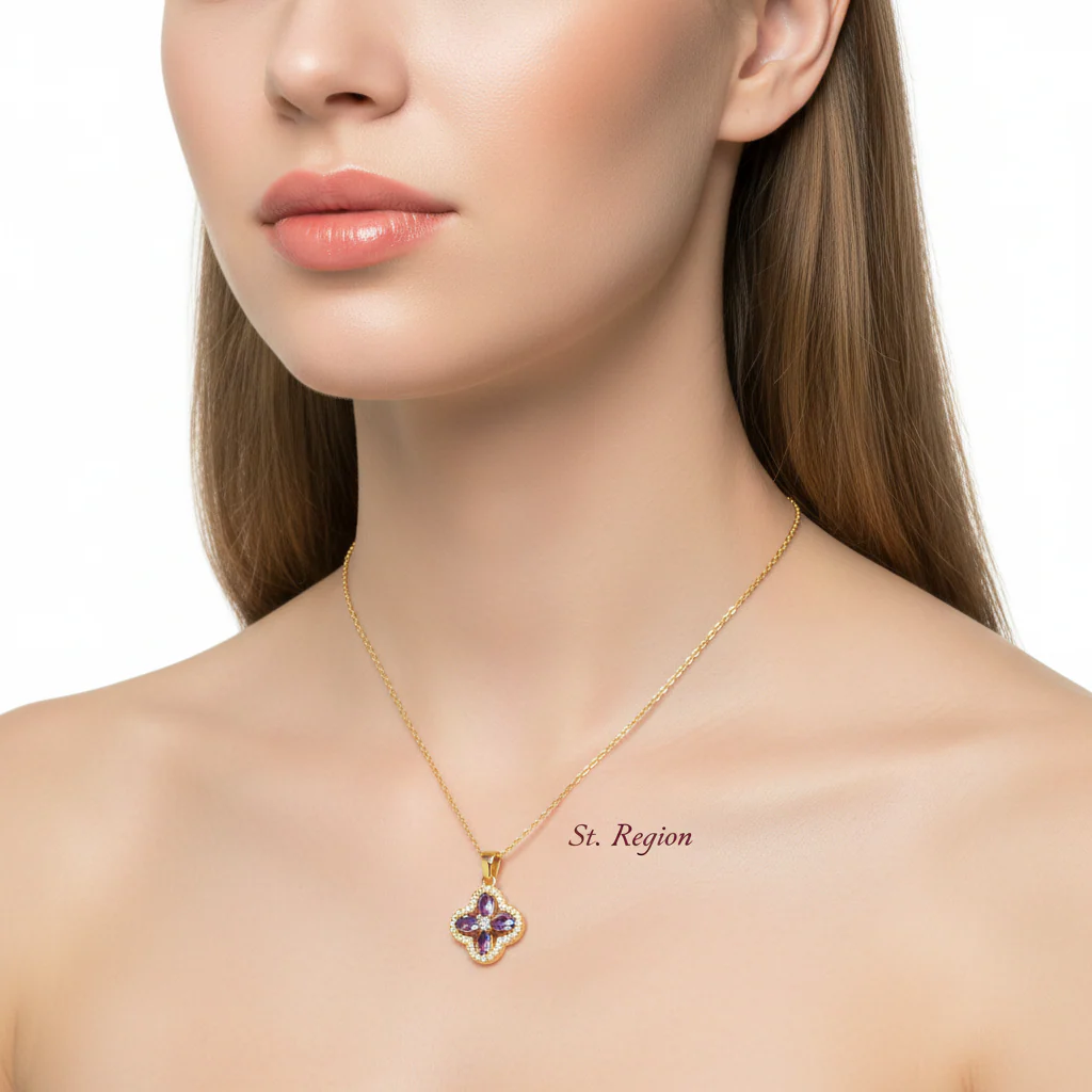 Purple Crystal & Cubic Zirconia 18K Gold-Plated Clover Pendant Necklace - Image 5