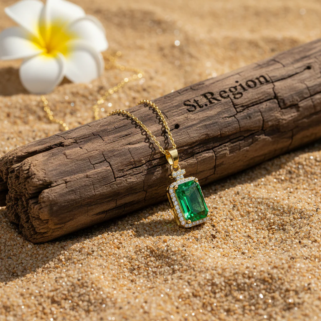Green Crystal & Cubic Zirconia 18K Gold-Plated Rectangle Pendant Necklace - Image 3