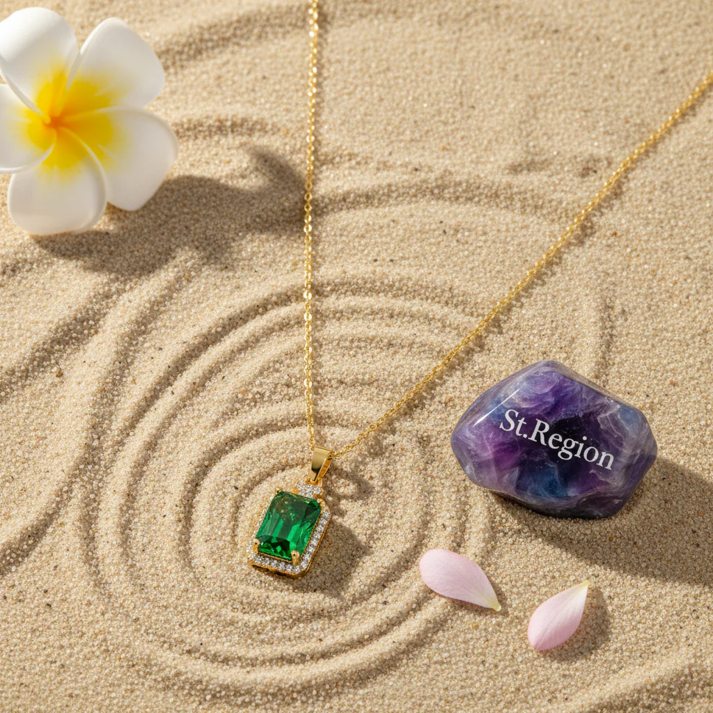 Green Crystal & Cubic Zirconia 18K Gold-Plated Rectangle Pendant Necklace - Image 4