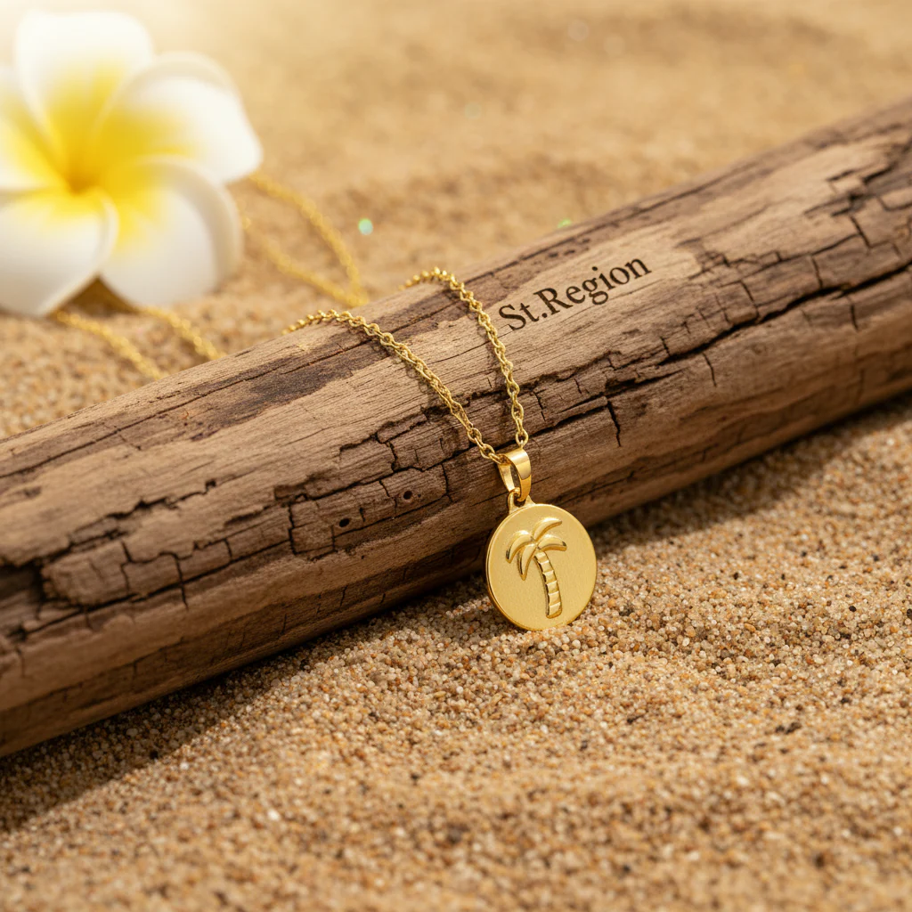 18K Gold-Plated Palm Tree Round Pendant Necklace - Image 3