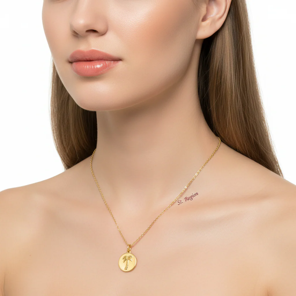 18K Gold-Plated Palm Tree Round Pendant Necklace - Image 5