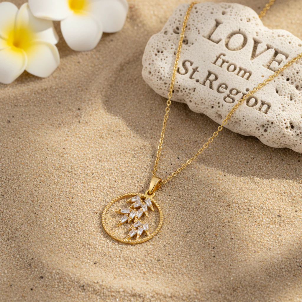 Crystal & 18K Gold-Plated Leaves Circle Pendant Necklace - Image 2