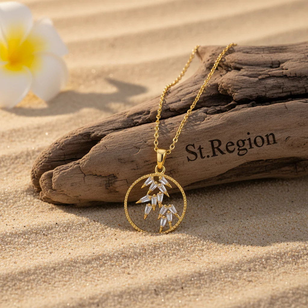 Crystal & 18K Gold-Plated Leaves Circle Pendant Necklace - Image 3
